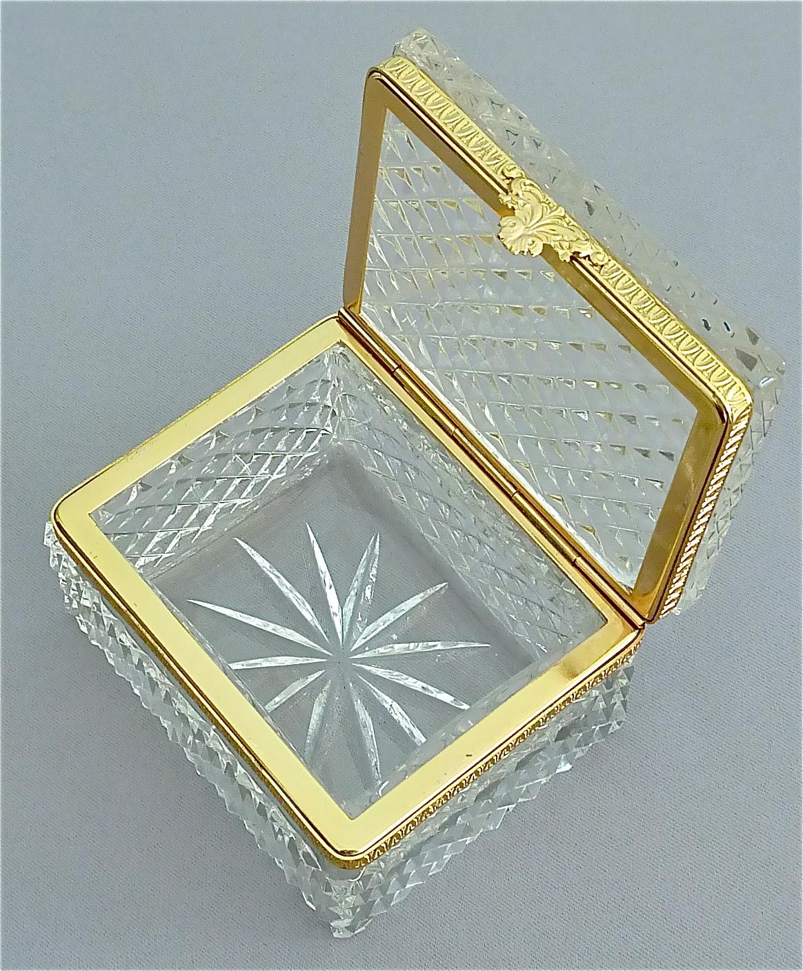 Beveled Rare 1950s Baccarat Crystal Glass Smoking Set Gilt Brass Ashtray Box Lighter