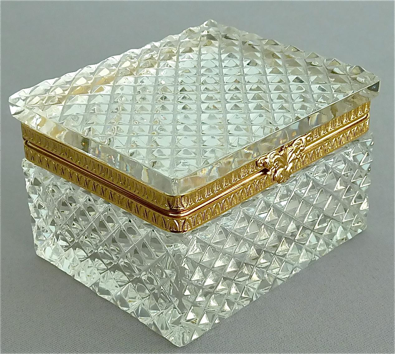 Beveled Rare 1950s Baccarat Crystal Glass Smoking Set Gilt Brass Ashtray Box Lighter