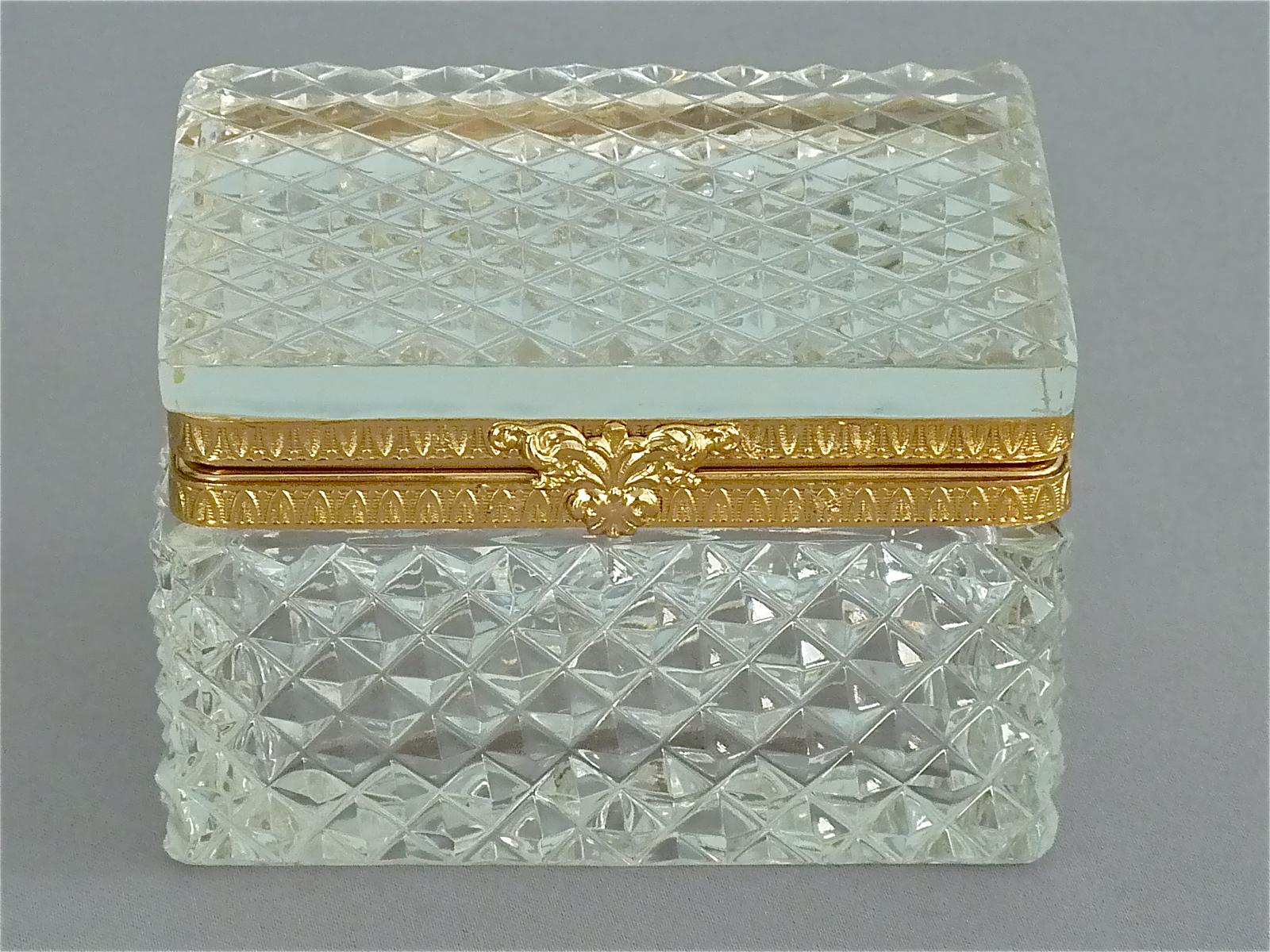 Beveled Rare 1950s Baccarat Crystal Glass Smoking Set Gilt Brass Ashtray Box Lighter