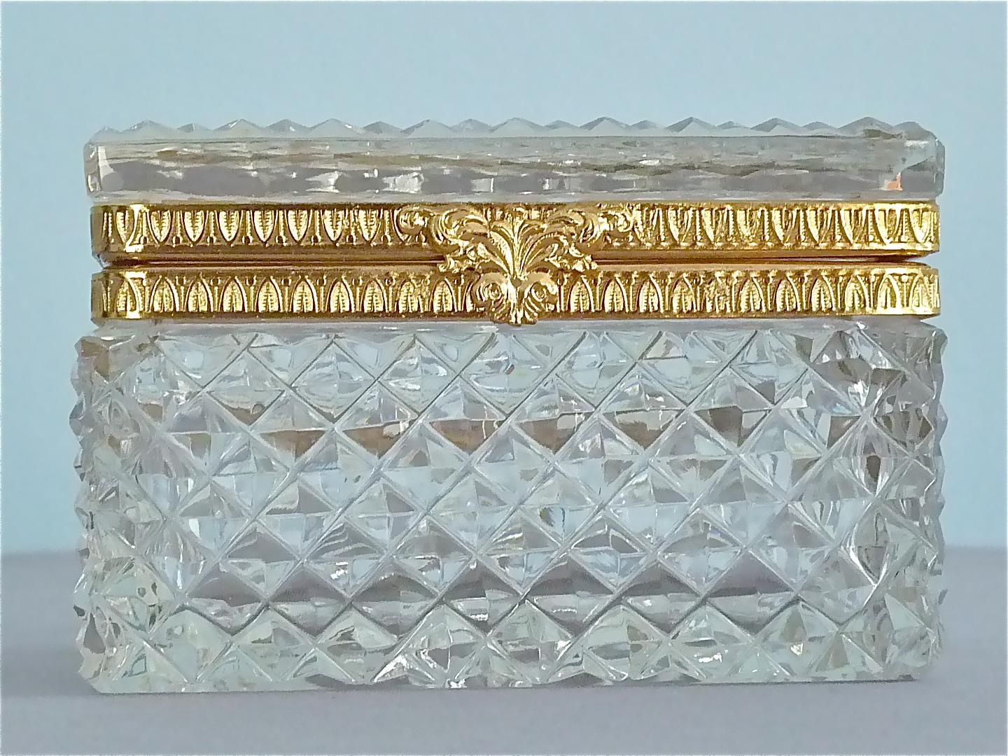 Mid-20th Century Rare 1950s Baccarat Crystal Glass Smoking Set Gilt Brass Ashtray Box Lighter
