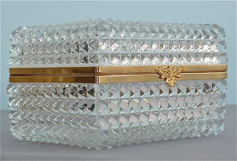 Rare Midcentury Baccarat Crystal Glass Gilt Brass Jewelry Vanity Box