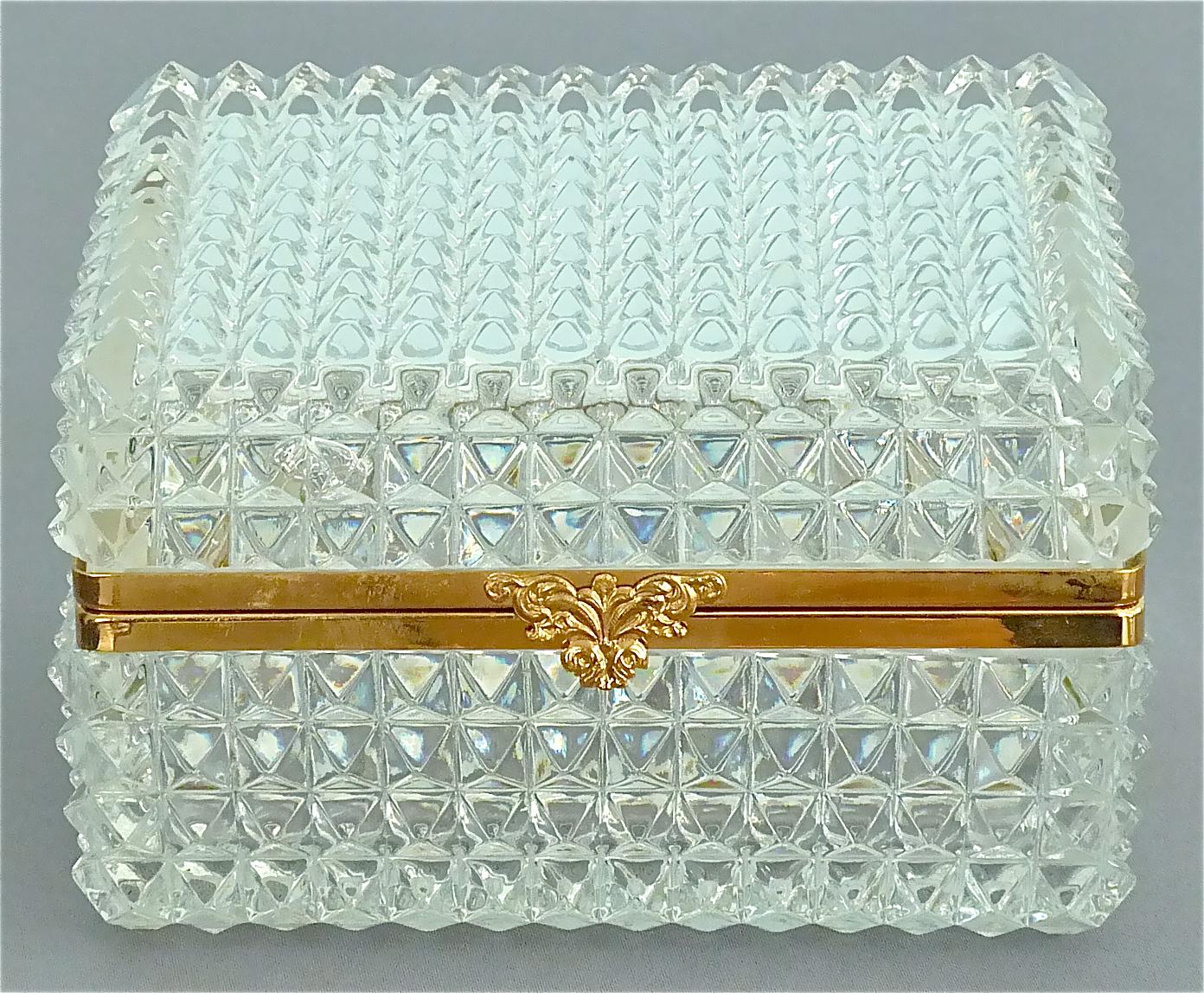 Hollywood Regency Rare Midcentury Baccarat Crystal Glass Gilt Brass Jewelry Vanity Box Casket 1950