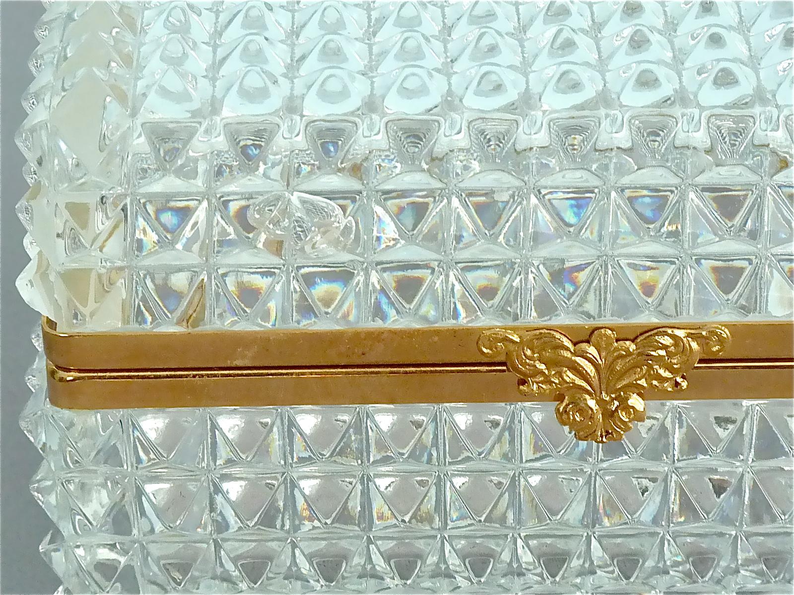 French Rare Midcentury Baccarat Crystal Glass Gilt Brass Jewelry Vanity Box Casket 1950
