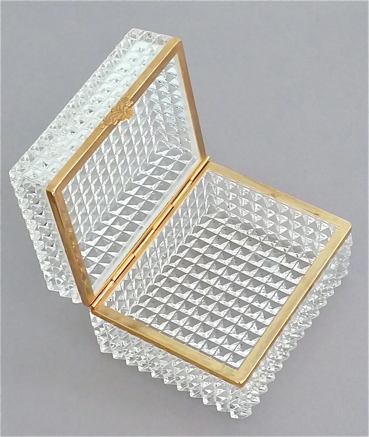 Beveled Rare Midcentury Baccarat Crystal Glass Gilt Brass Jewelry Vanity Box Casket 1950