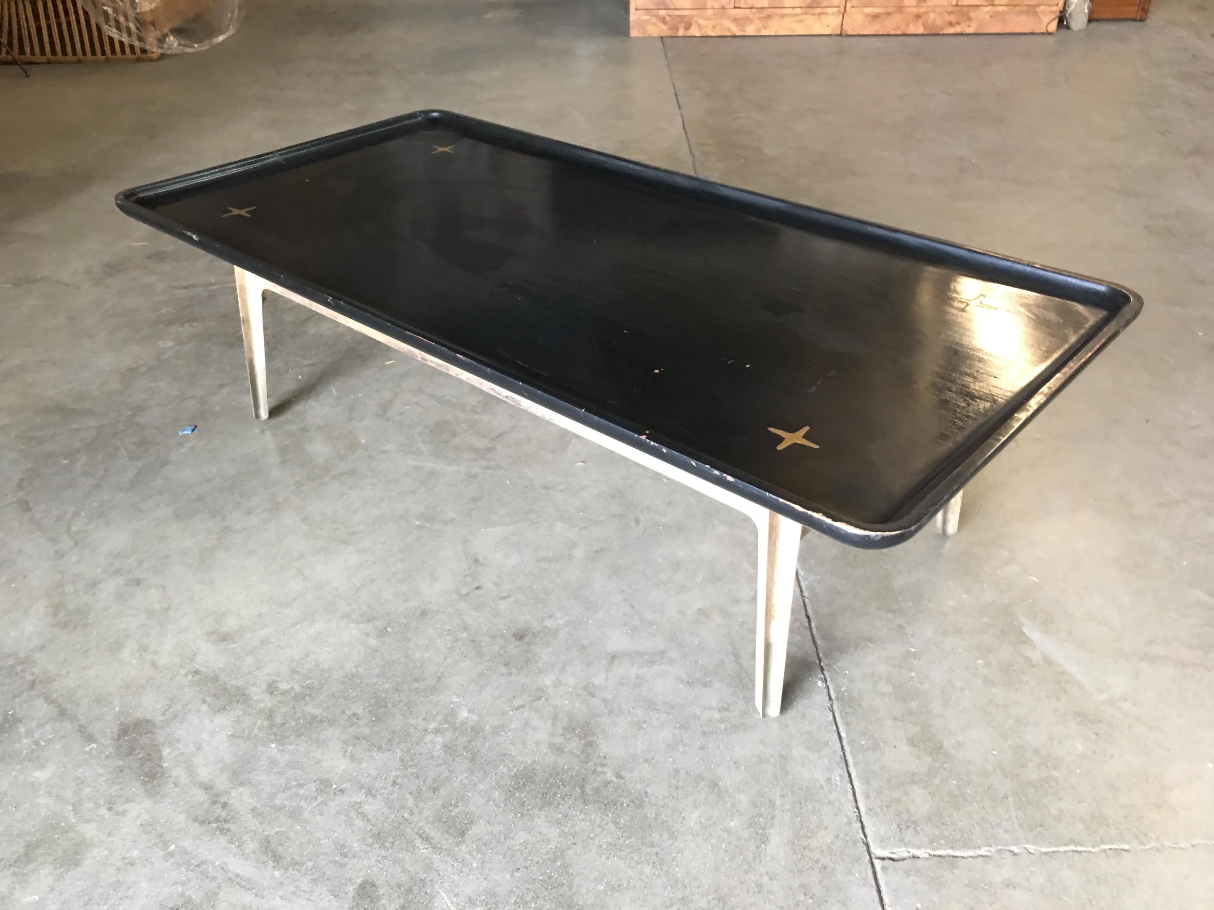 American Rare Midcentury Black Lacquer Coffee Table with Solid Cast Bronze Base For Sale