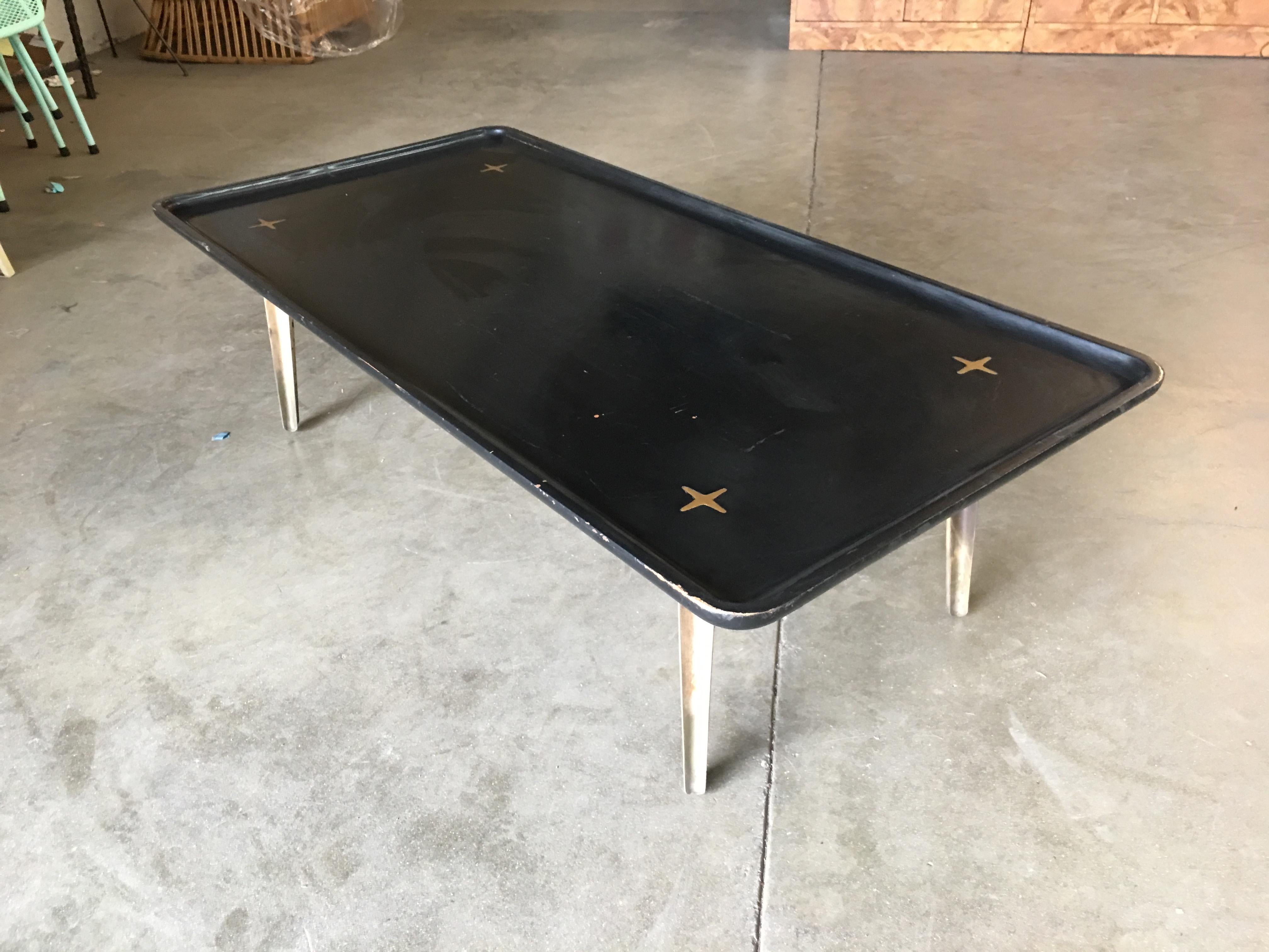 Rare Midcentury Black Lacquer Coffee Table with Solid Cast Bronze Base In Excellent Condition For Sale In Van Nuys, CA