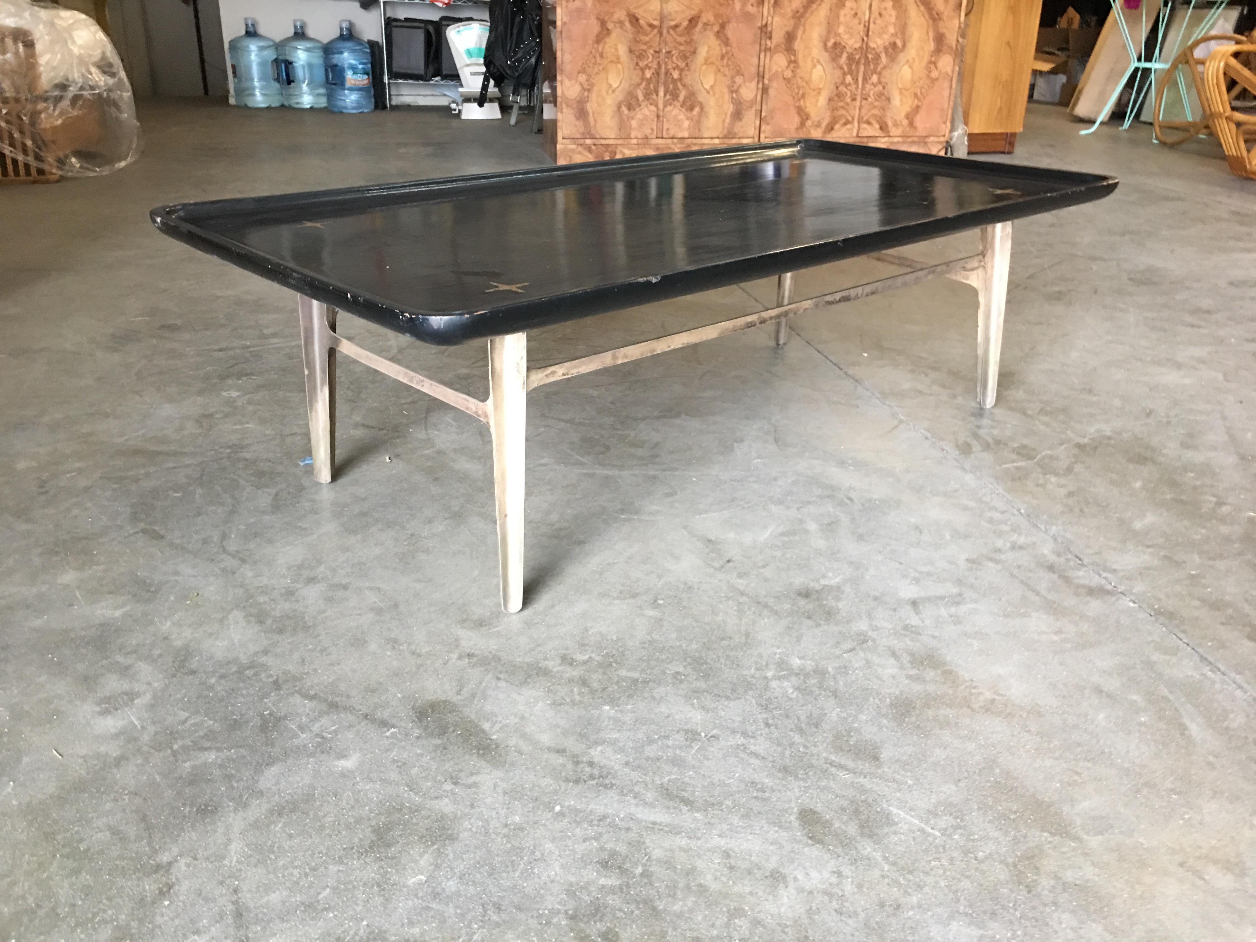 Rare Midcentury Black Lacquer Coffee Table with Solid Cast Bronze Base For Sale 1