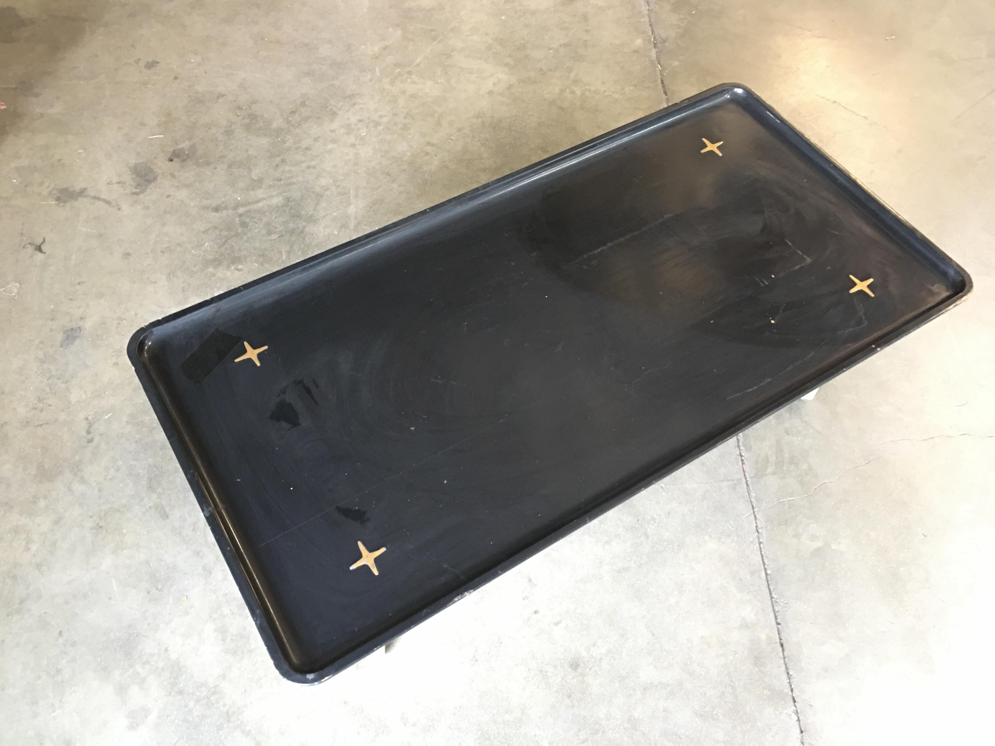 Rare Midcentury Black Lacquer Coffee Table with Solid Cast Bronze Base For Sale 3