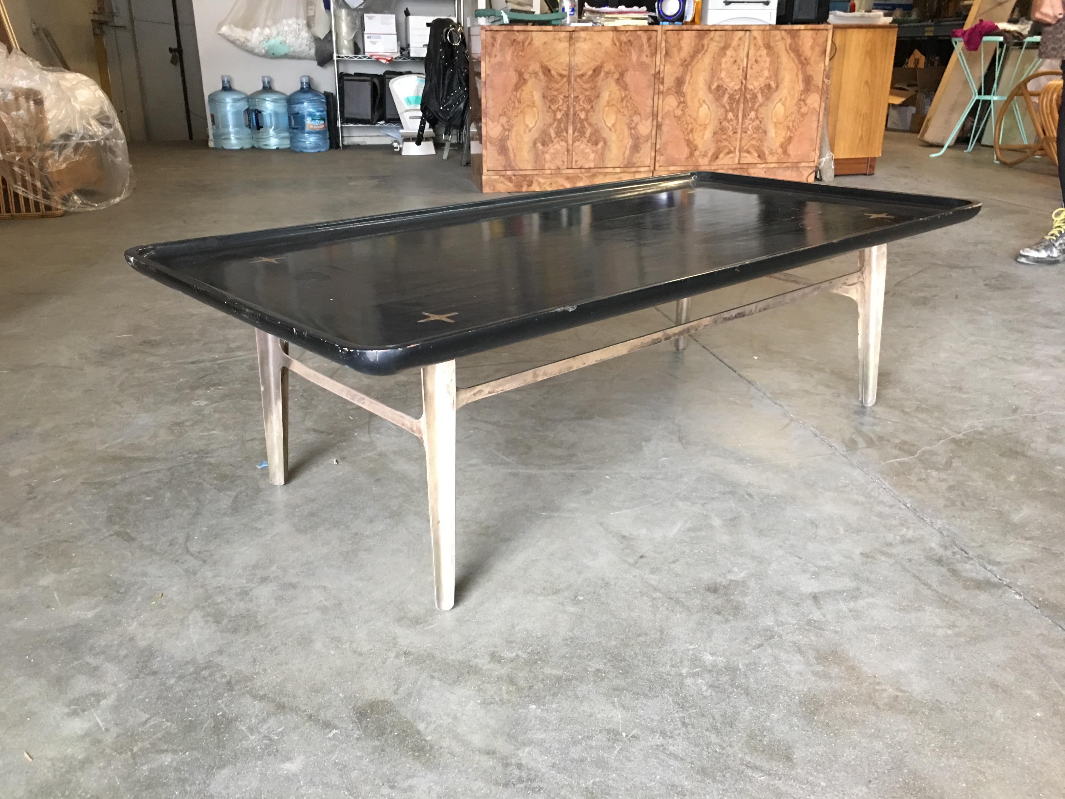 Rare Midcentury Black Lacquer Coffee Table with Solid Cast Bronze Base For Sale 4