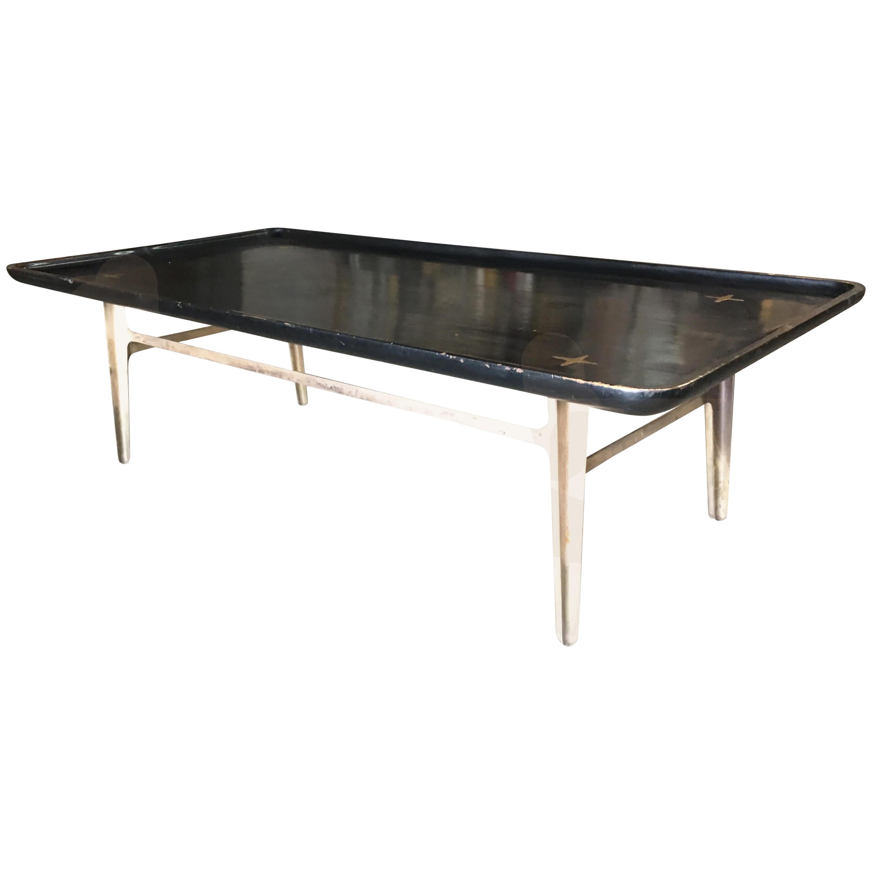 Rare Midcentury Black Lacquer Coffee Table with Solid Cast Bronze Base