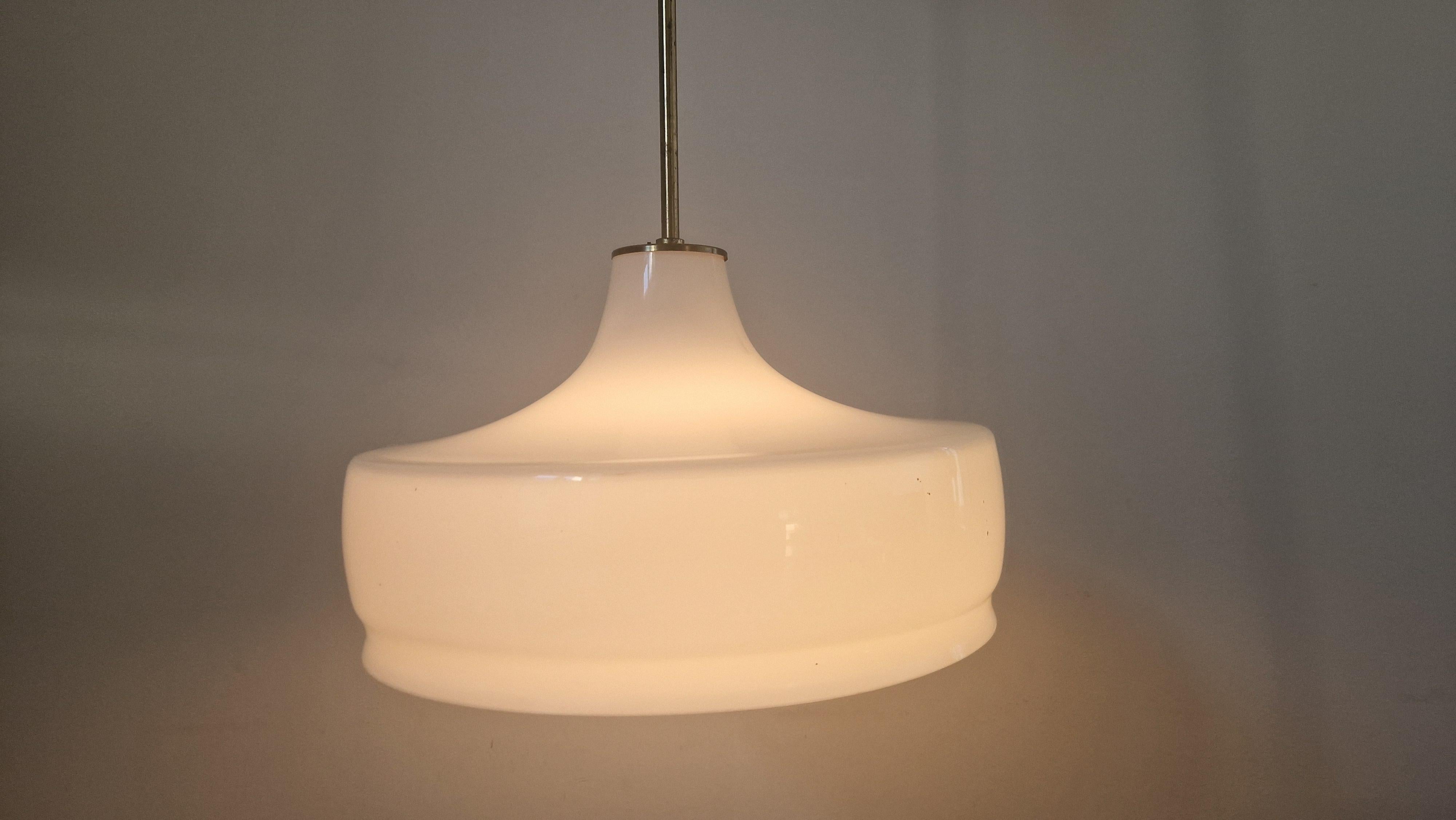 Rare Midcentury Brass and Milk Glass Pendant Kamenicky Senov, 1970s For Sale 4