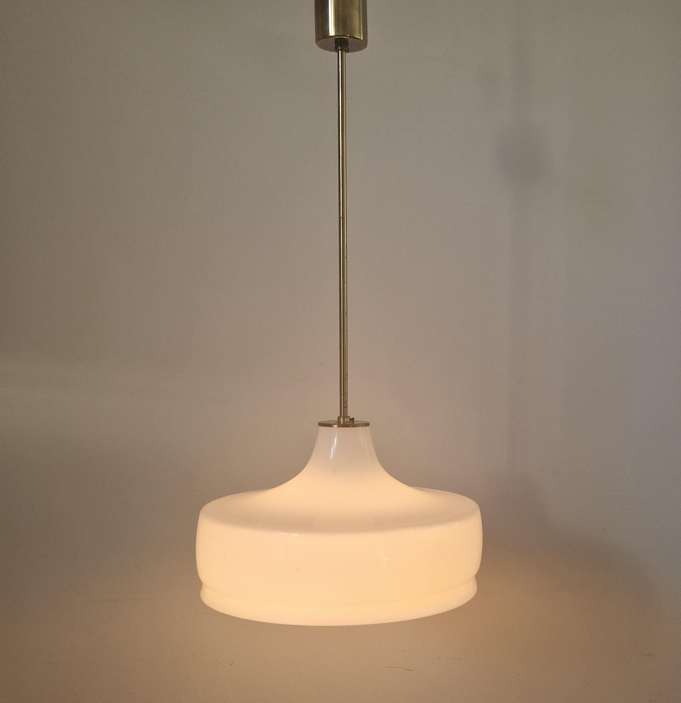 Rare Midcentury Brass and Milk Glass Pendant Kamenicky Senov, 1970s For Sale 5
