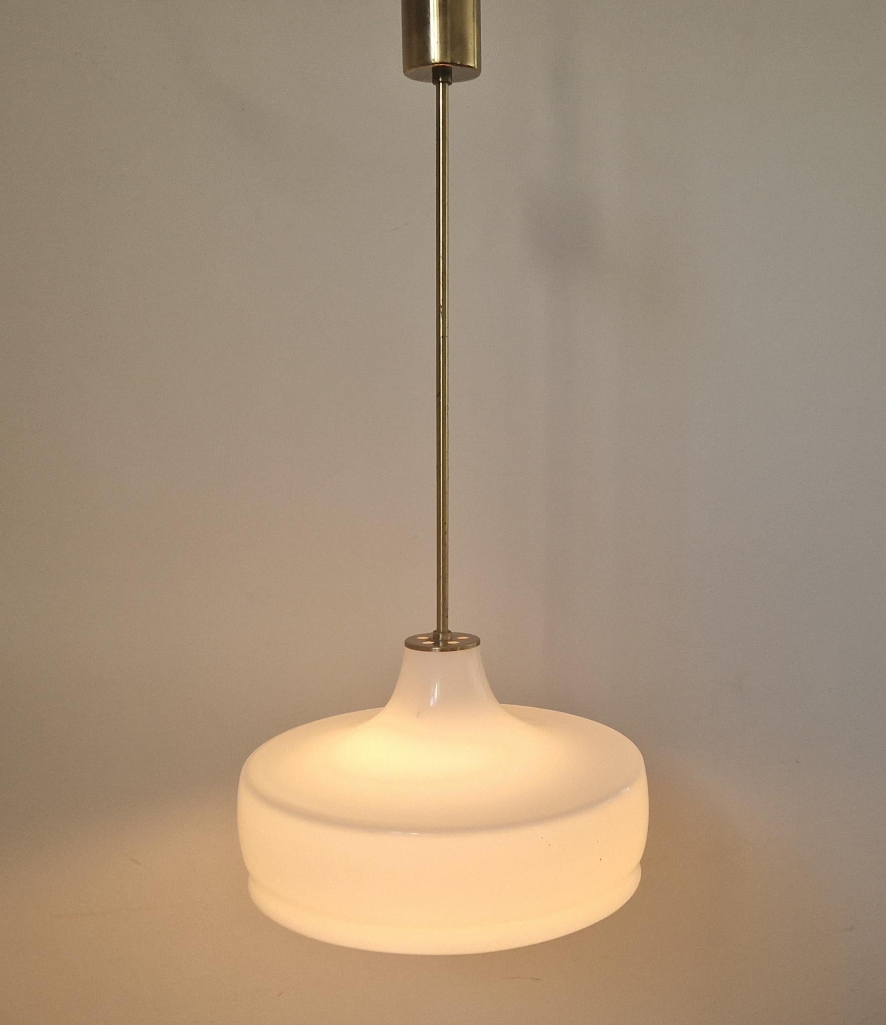 Rare Midcentury Brass and Milk Glass Pendant Kamenicky Senov, 1970s For Sale 6