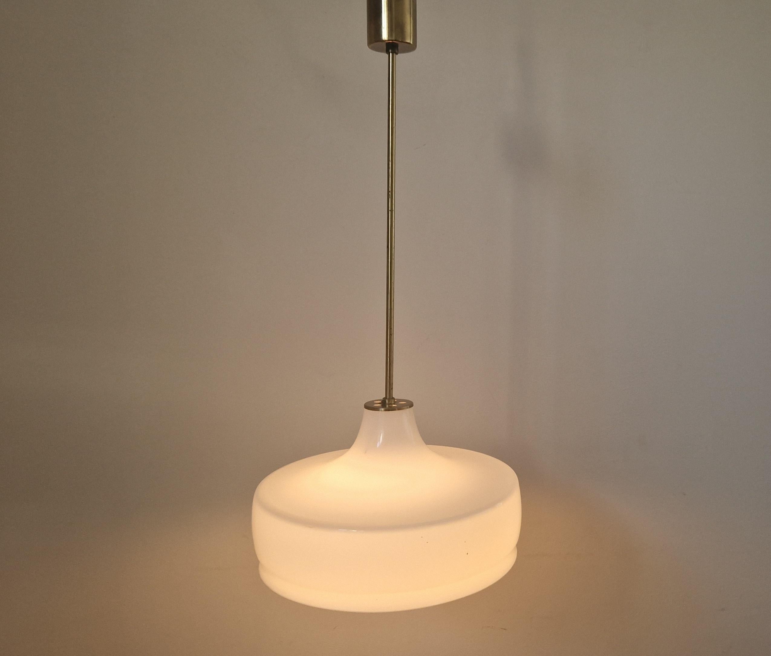Rare Midcentury Brass and Milk Glass Pendant Kamenicky Senov, 1970s For Sale 7