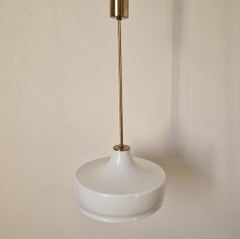 Rare Midcentury Brass and Milk Glass Pendant Kamenicky Senov, 1970s