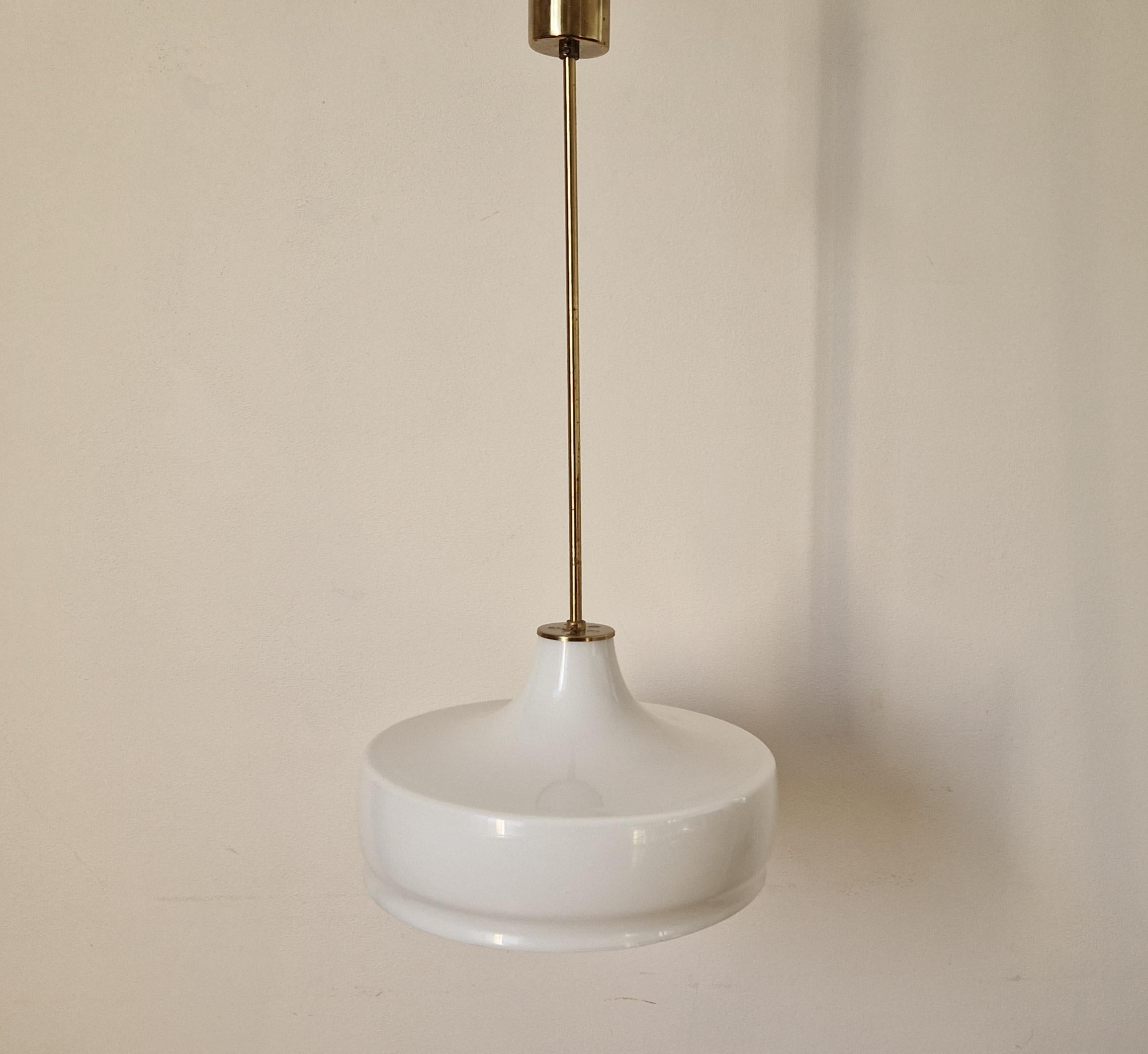 Art Deco Rare Midcentury Brass and Milk Glass Pendant Kamenicky Senov, 1970s For Sale