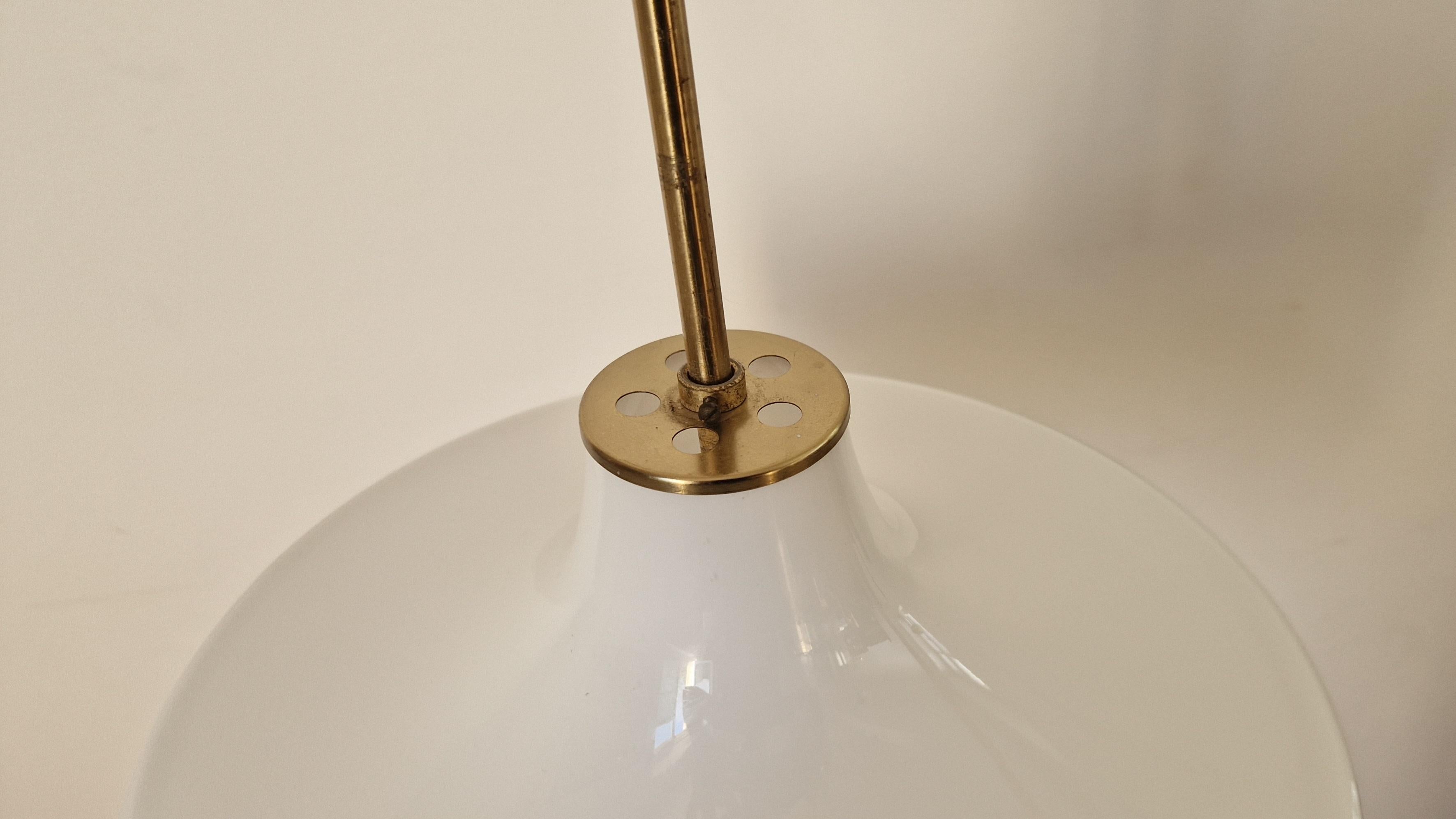 Czech Rare Midcentury Brass and Milk Glass Pendant Kamenicky Senov, 1970s For Sale