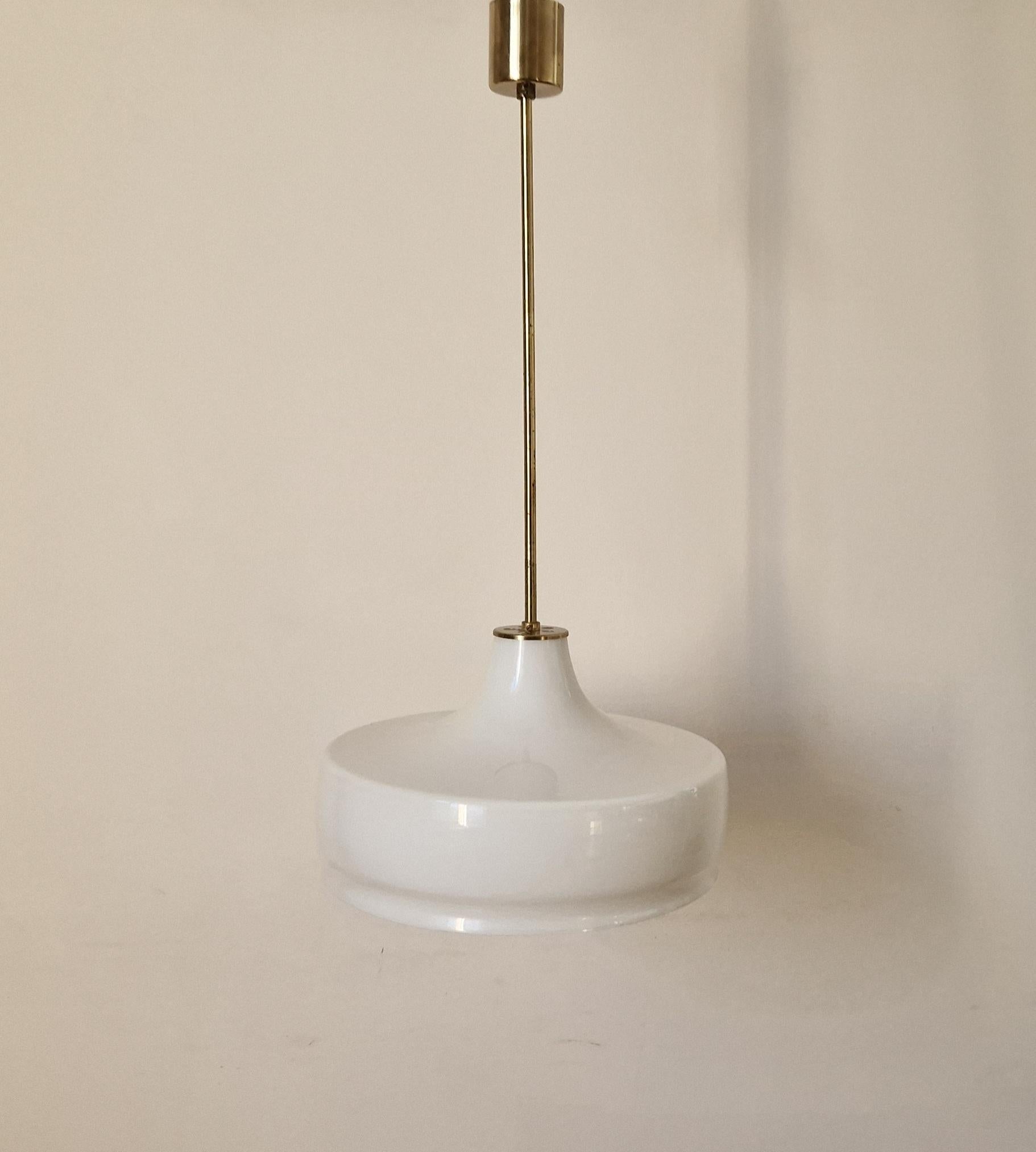 Rare Midcentury Brass and Milk Glass Pendant Kamenicky Senov, 1970s In Good Condition For Sale In Praha, CZ