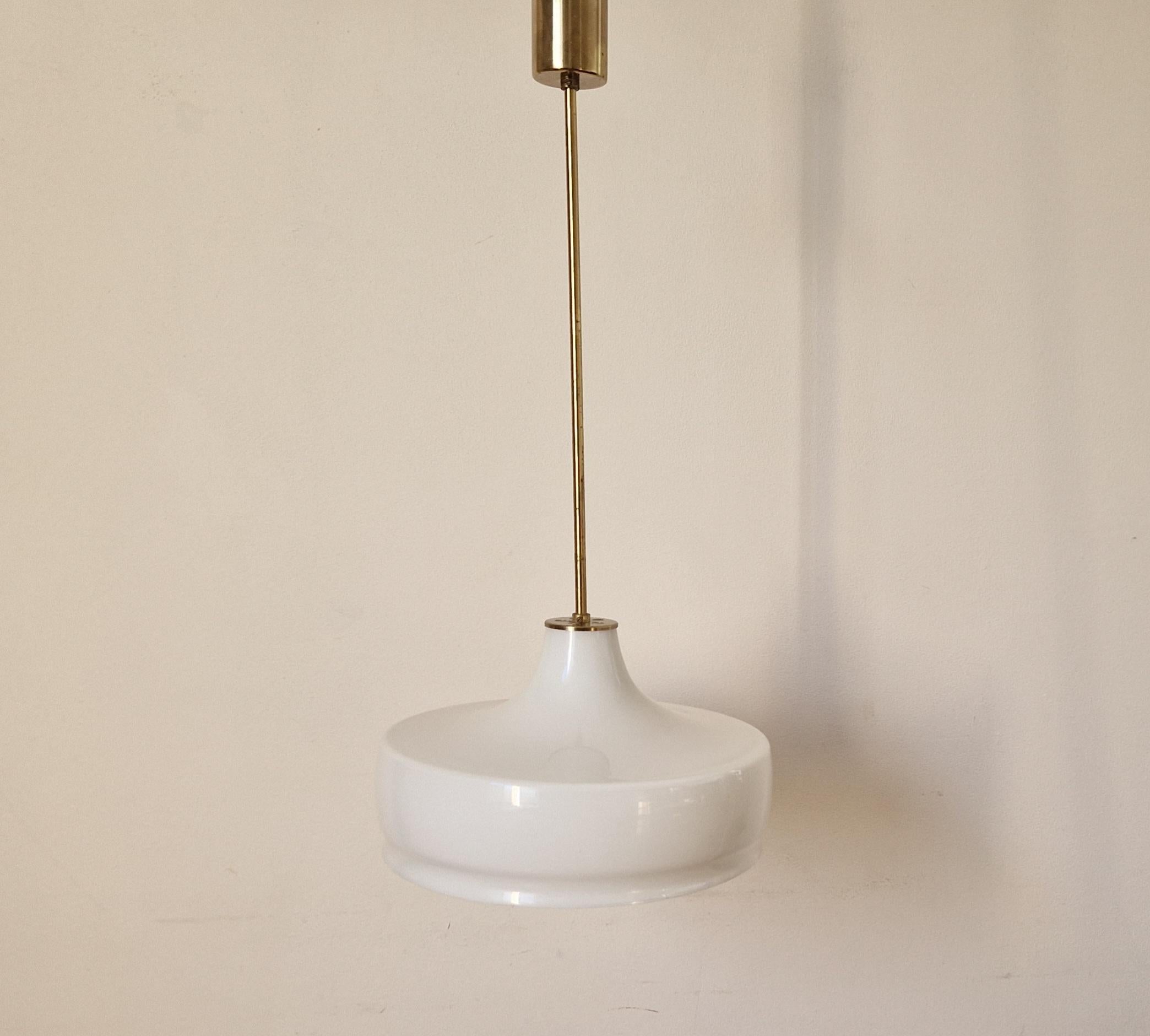 Late 20th Century Rare Midcentury Brass and Milk Glass Pendant Kamenicky Senov, 1970s For Sale