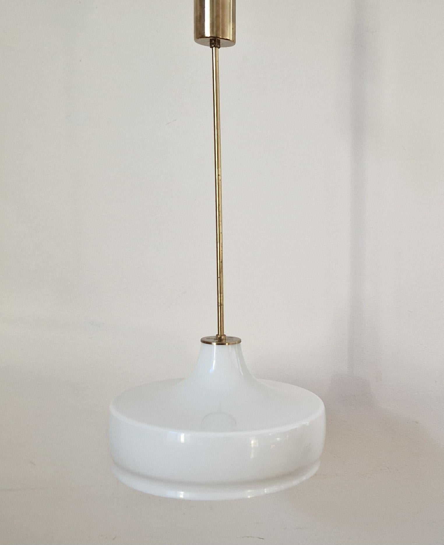 Rare Midcentury Brass and Milk Glass Pendant Kamenicky Senov, 1970s For Sale 1