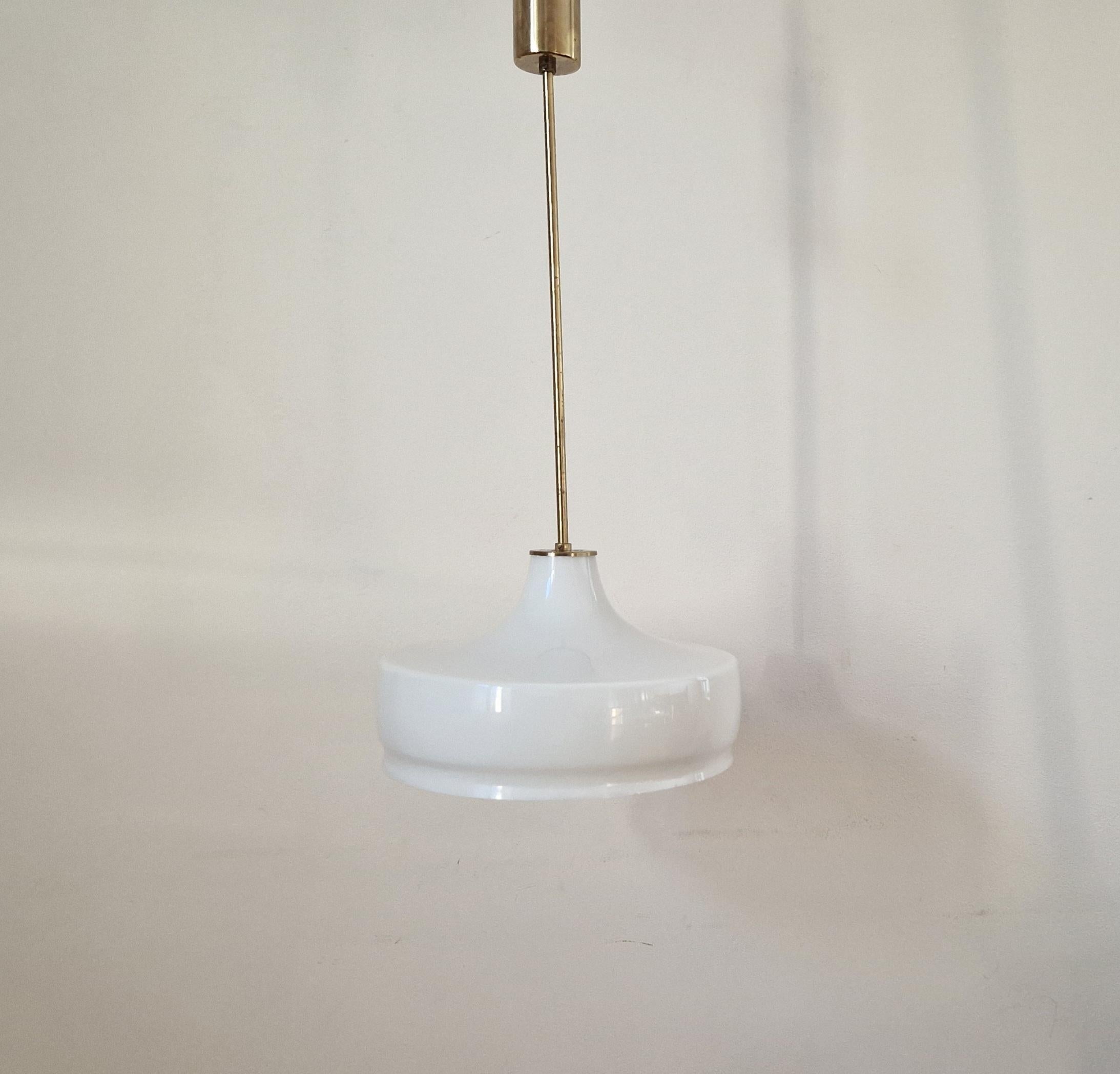 Rare Midcentury Brass and Milk Glass Pendant Kamenicky Senov, 1970s For Sale 2