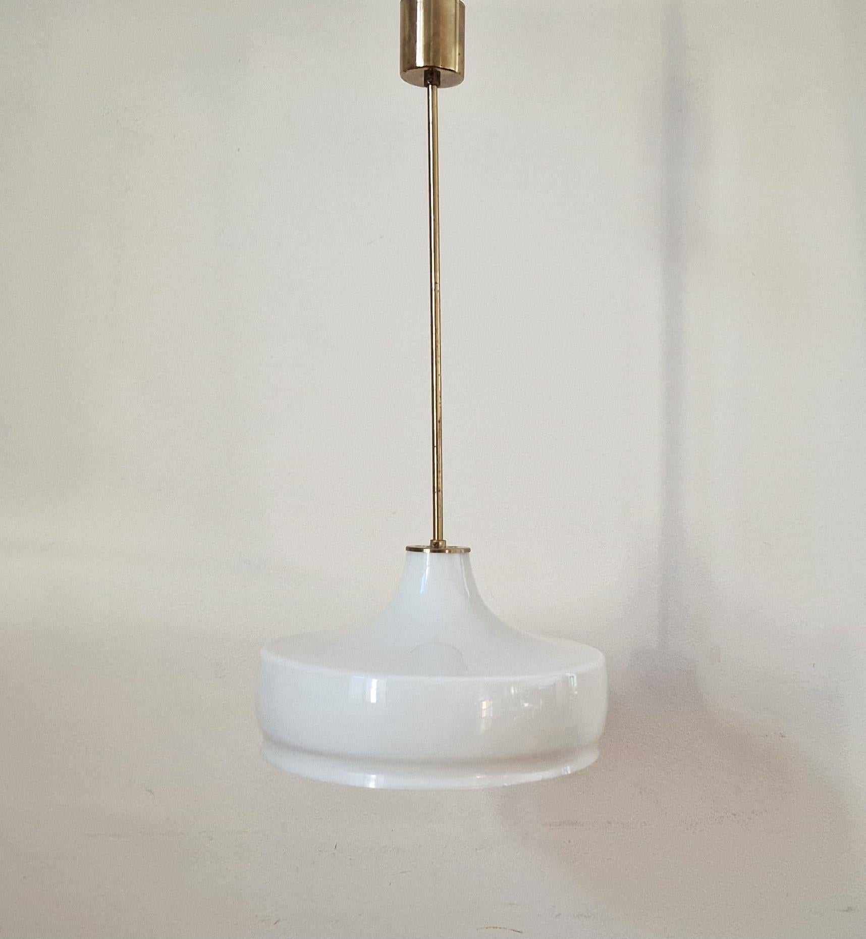Rare Midcentury Brass and Milk Glass Pendant Kamenicky Senov, 1970s For Sale 3