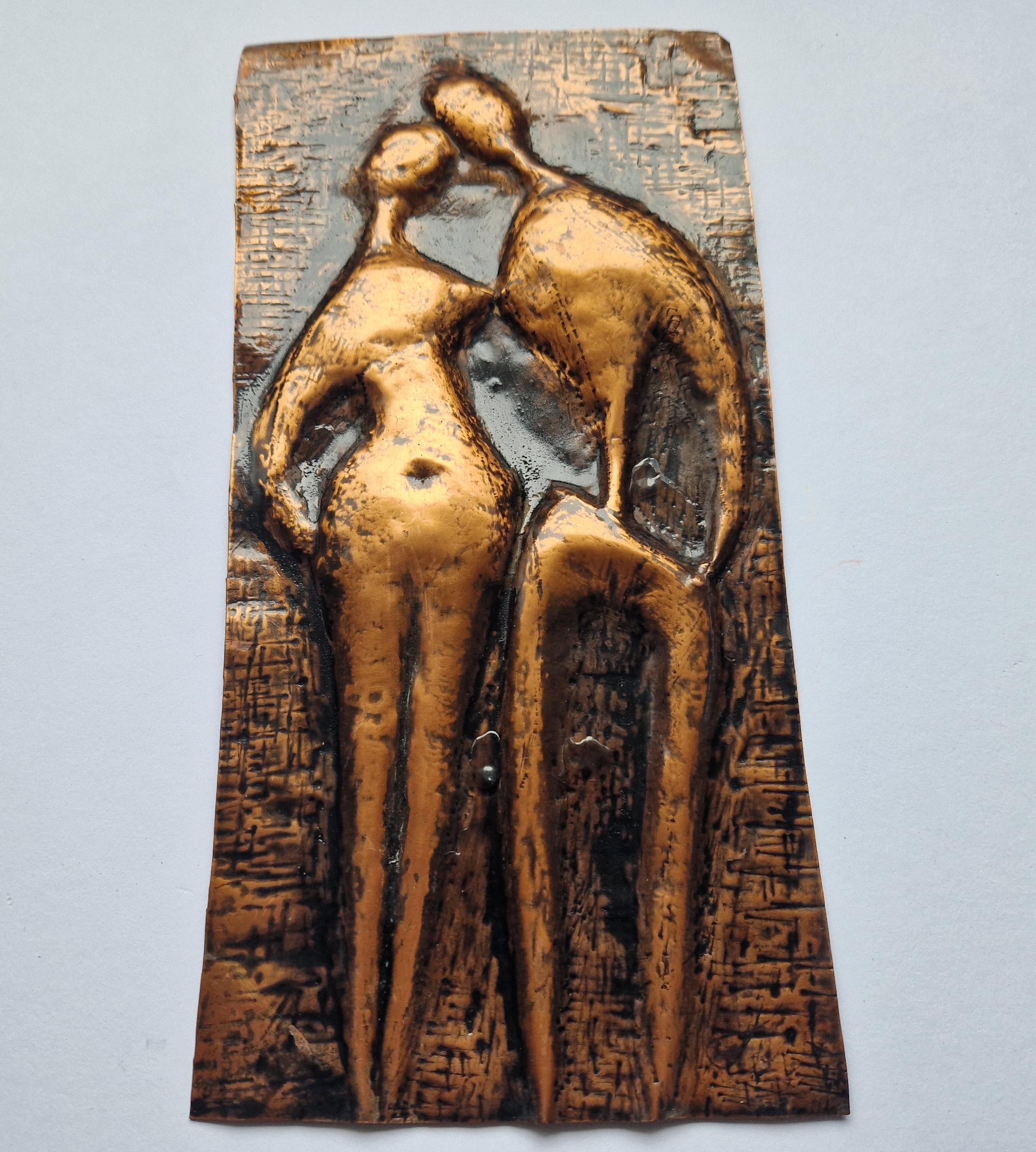 Late 20th Century Rare Midcentury Brass Wall Sculpture Lovers, 1970s For Sale