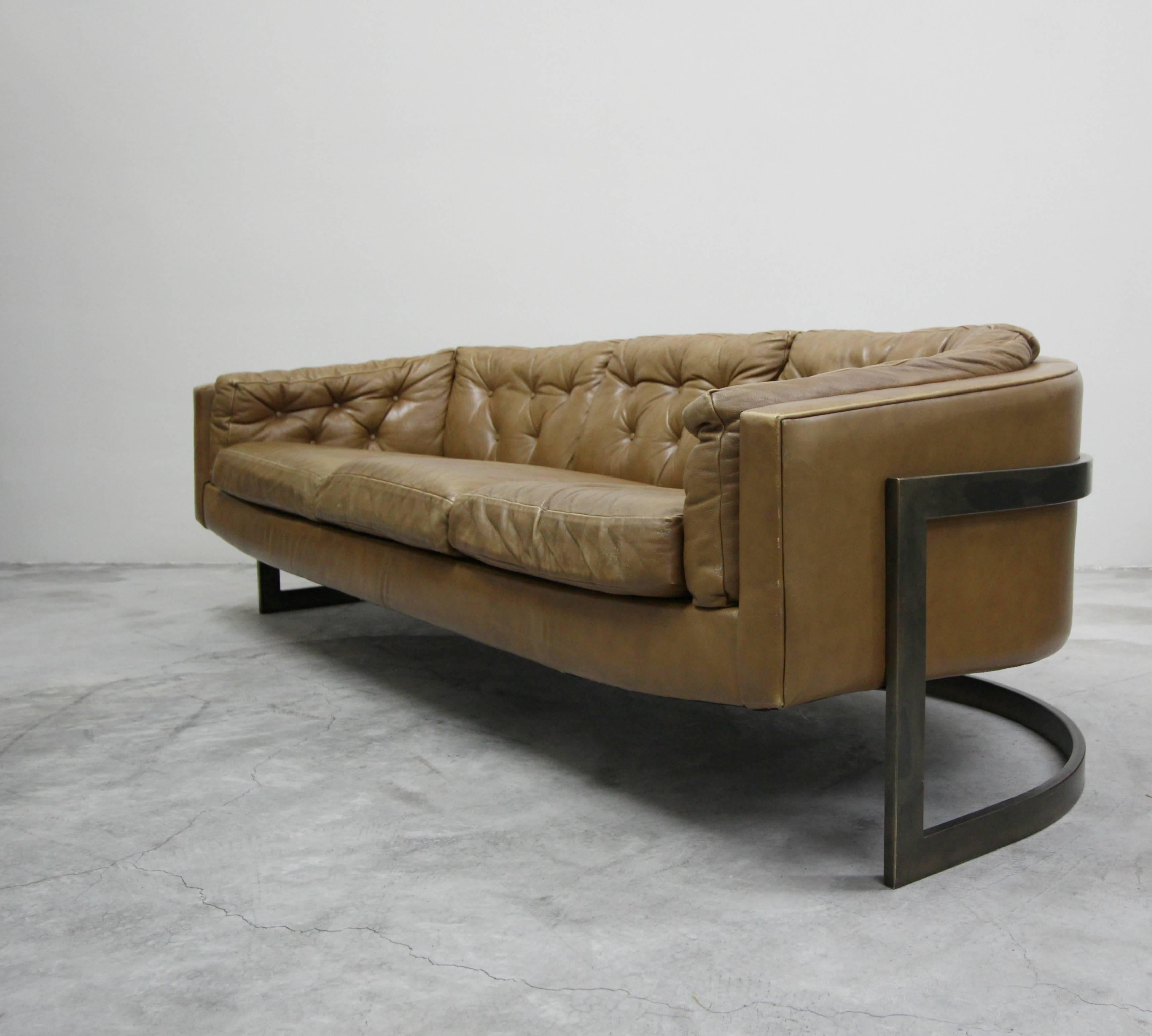 Mid-Century Modern Rare Midcentury Cantilever Leather and Bronze Barrel Sofa by Milo Baughman
