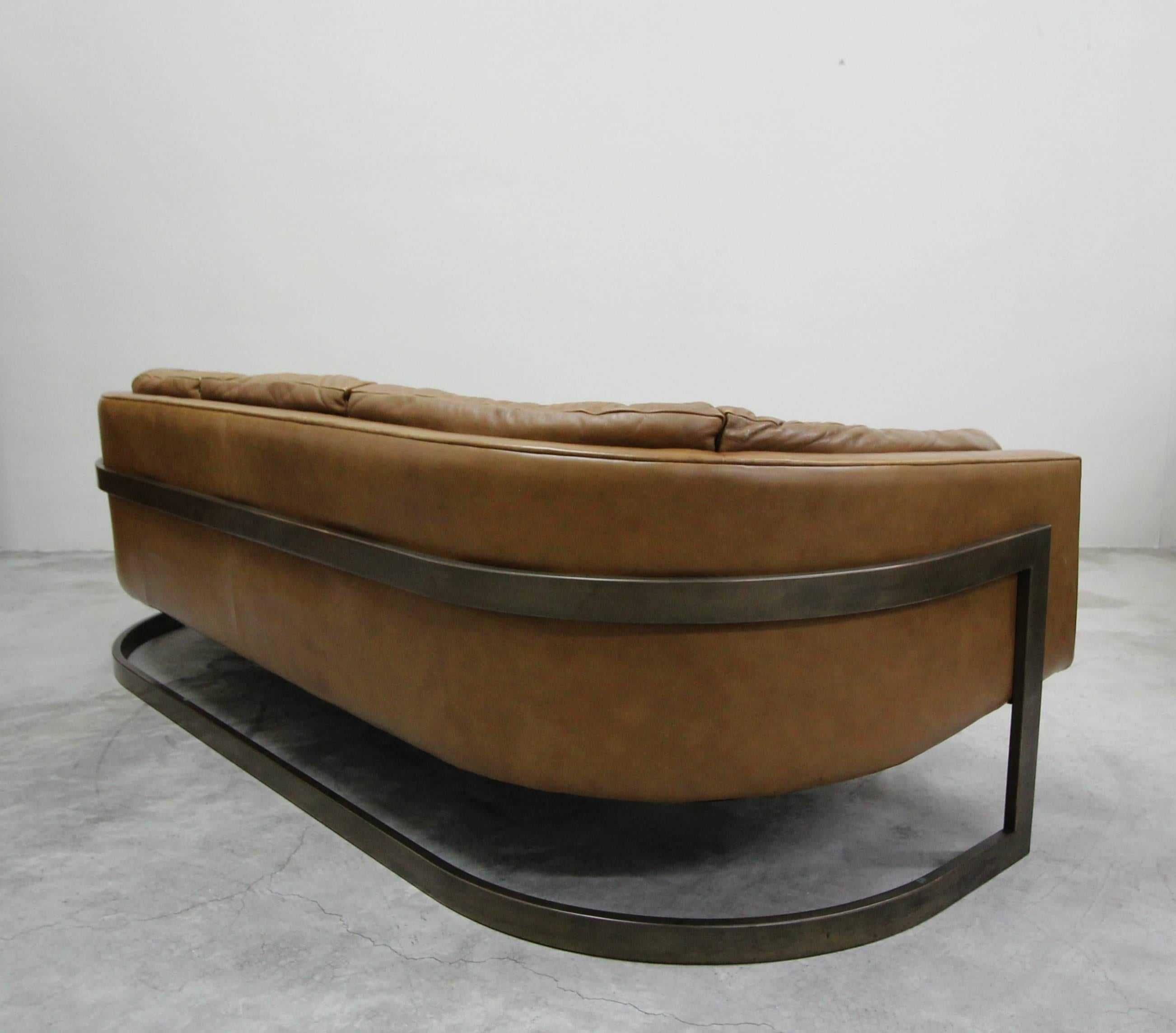 20th Century Rare Midcentury Cantilever Leather and Bronze Barrel Sofa by Milo Baughman