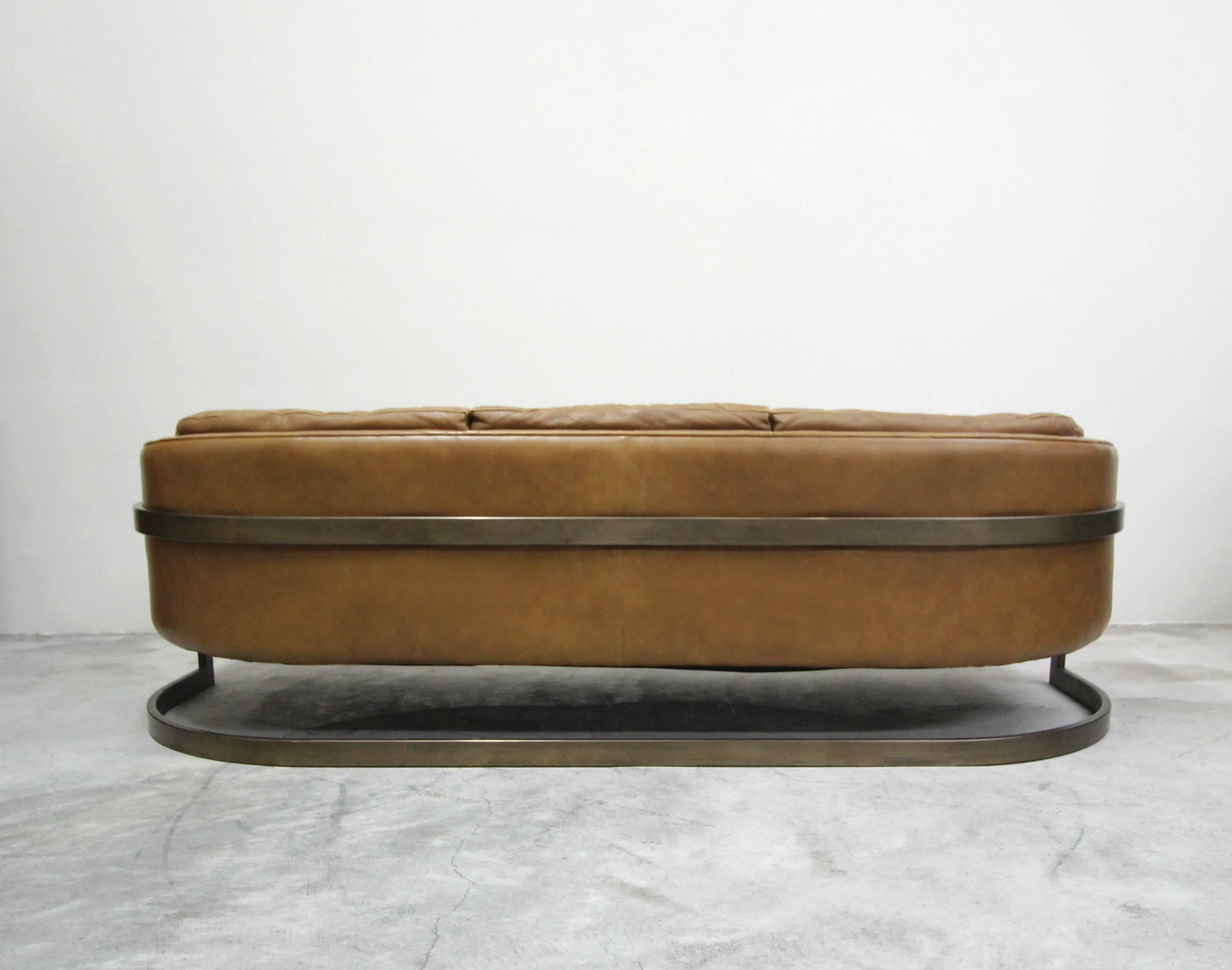 Rare Midcentury Cantilever Leather and Bronze Barrel Sofa by Milo Baughman 1