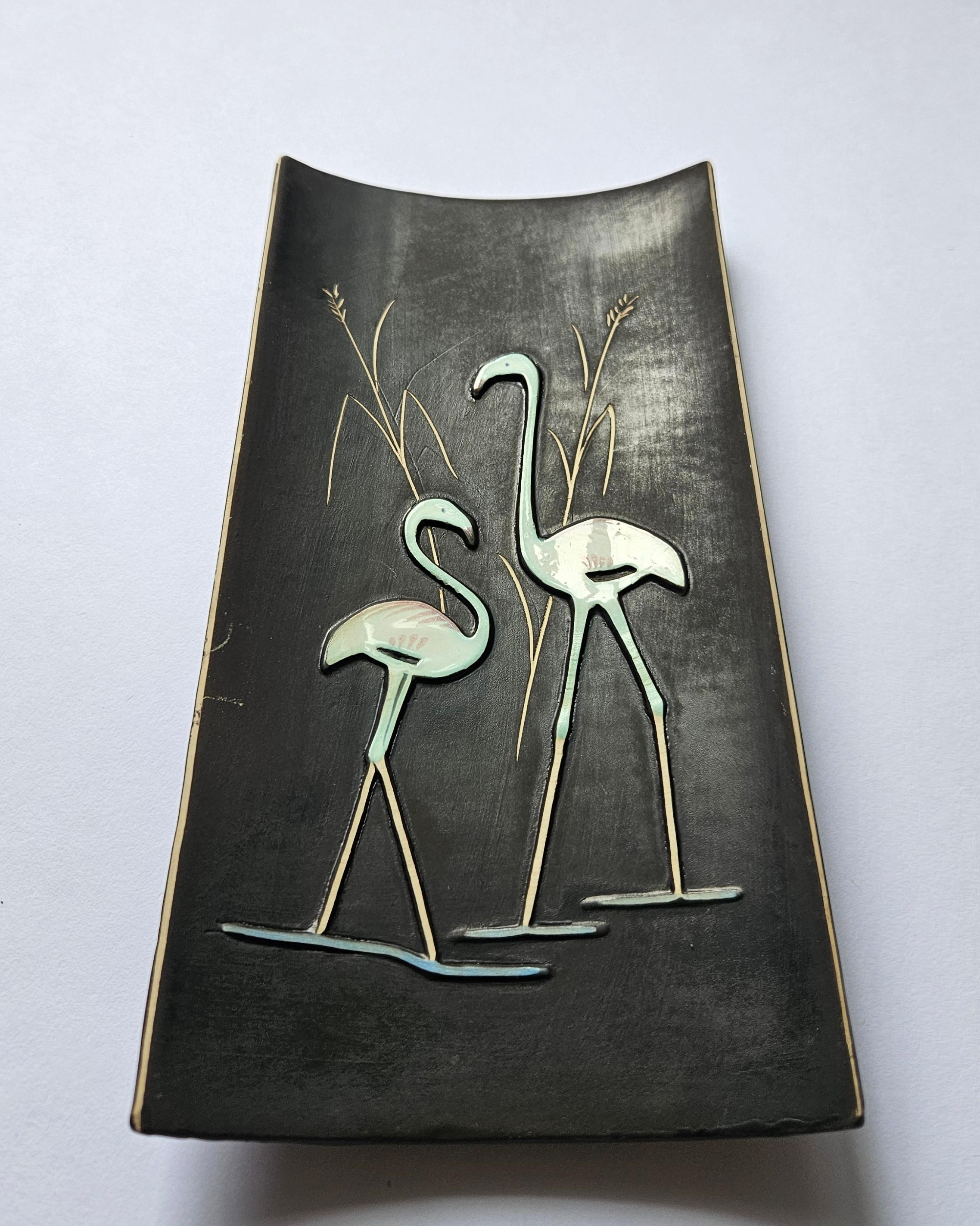 Czech Rare Midcentury Ceramic Wall Sculpture Flamingo, 1970s For Sale