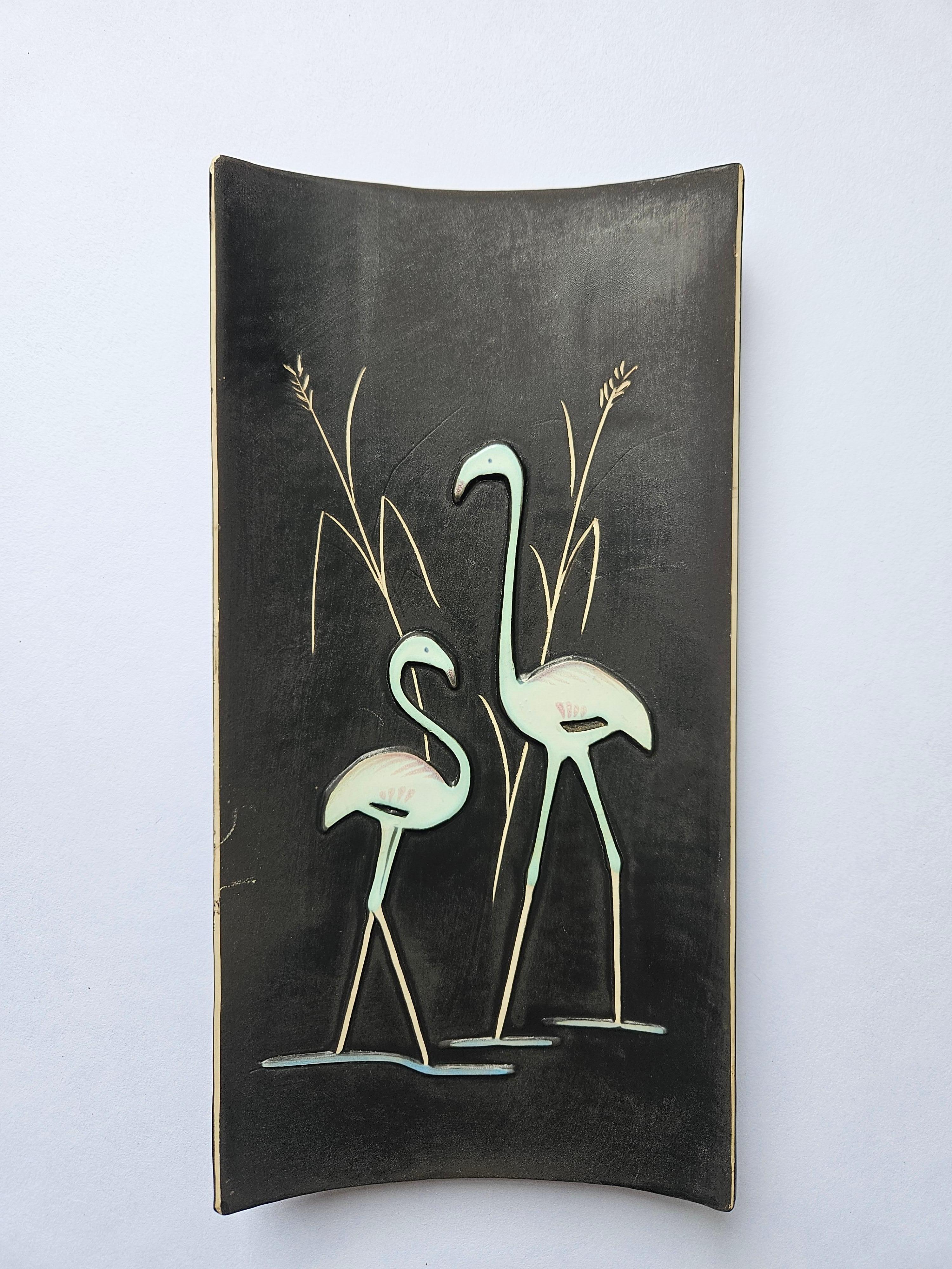 Glazed Rare Midcentury Ceramic Wall Sculpture Flamingo, 1970s For Sale