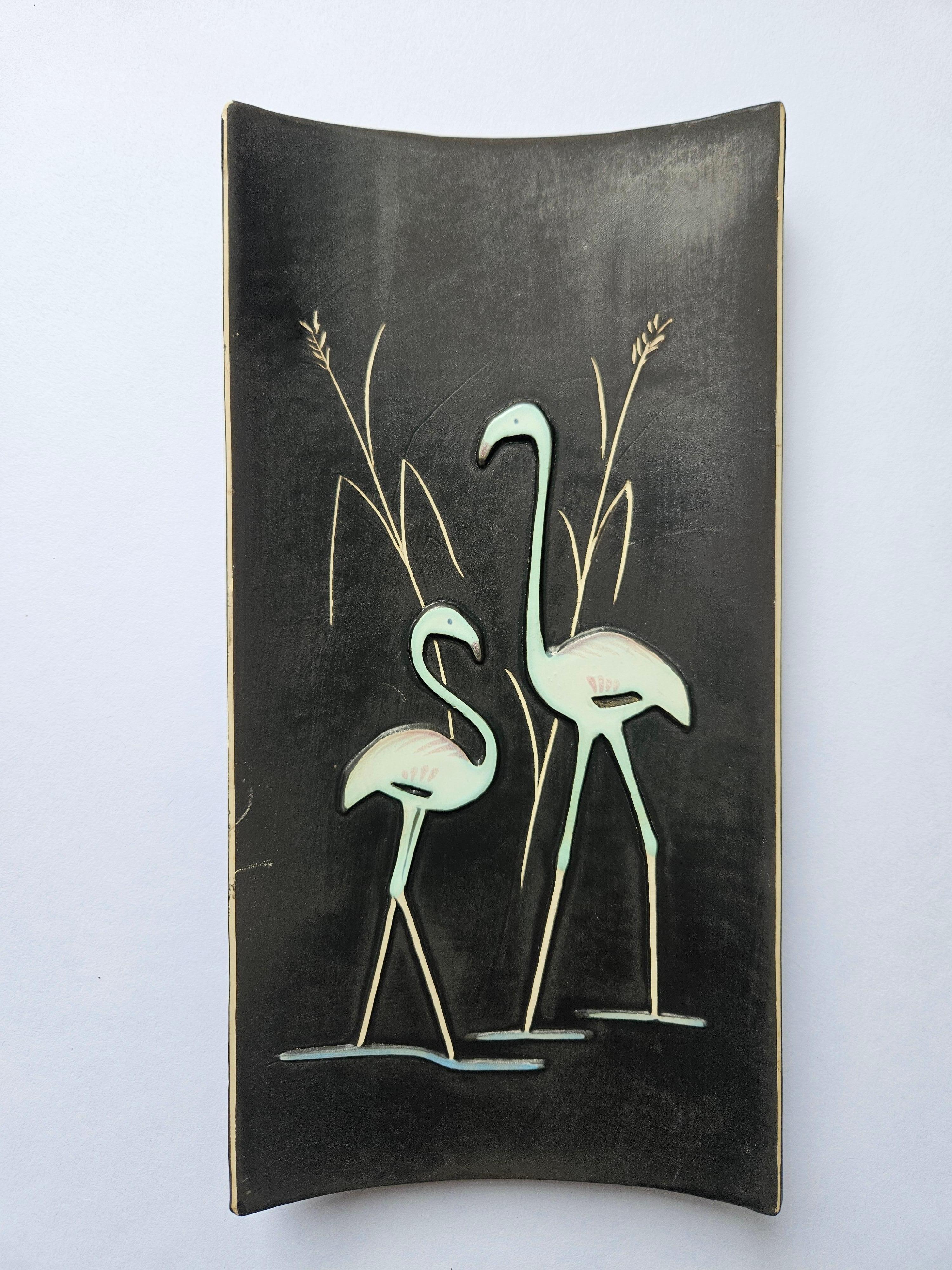 Rare Midcentury Ceramic Wall Sculpture Flamingo, 1970s In Good Condition For Sale In Praha, CZ