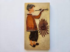 Rare Midcentury Ceramic Wall Sculpture of Boy with a Flute, 1970s