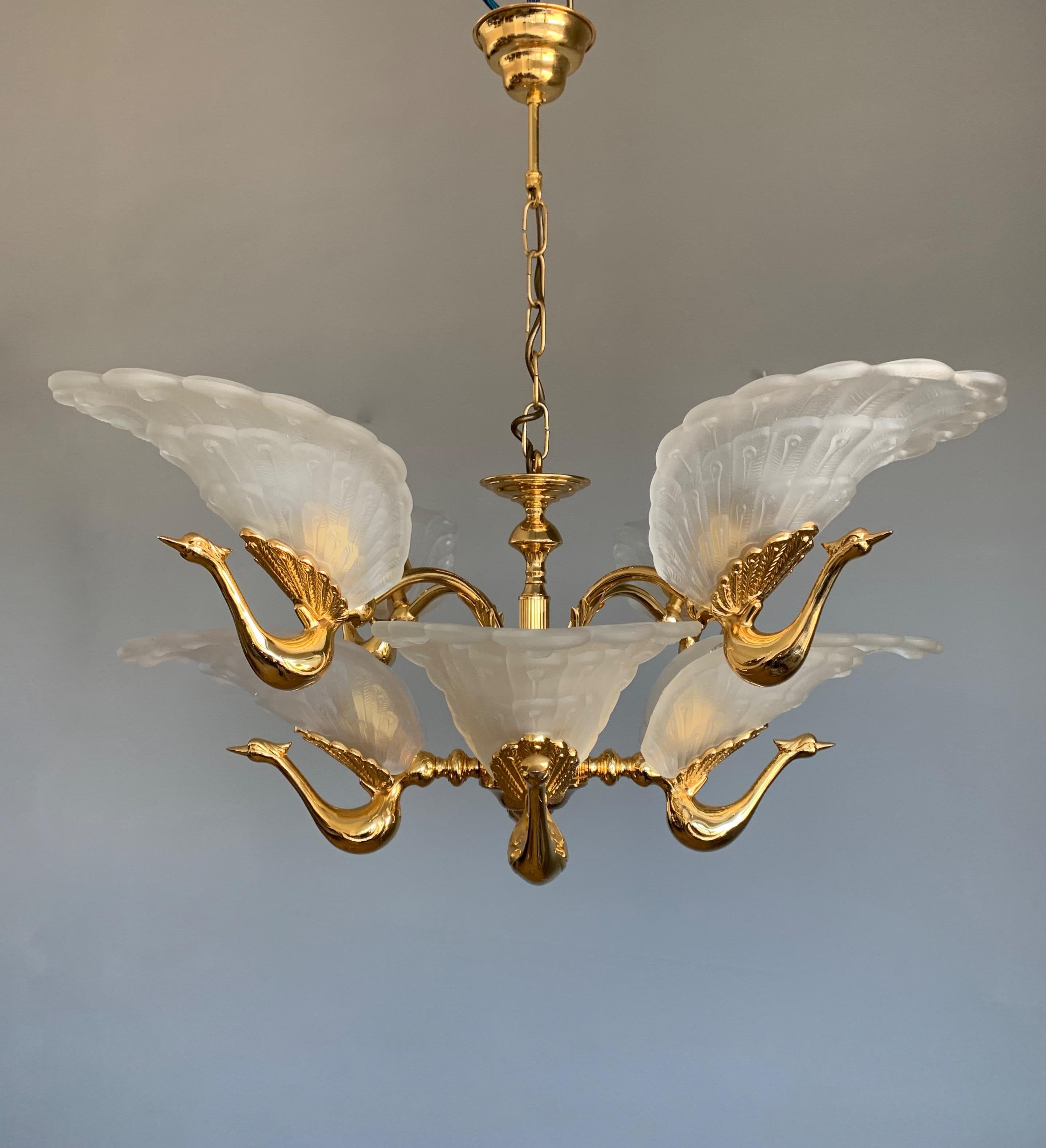 20th Century Rare Midcentury Chandelier / Pendant w. Golden Bronze & Glass Peacock Sculptures