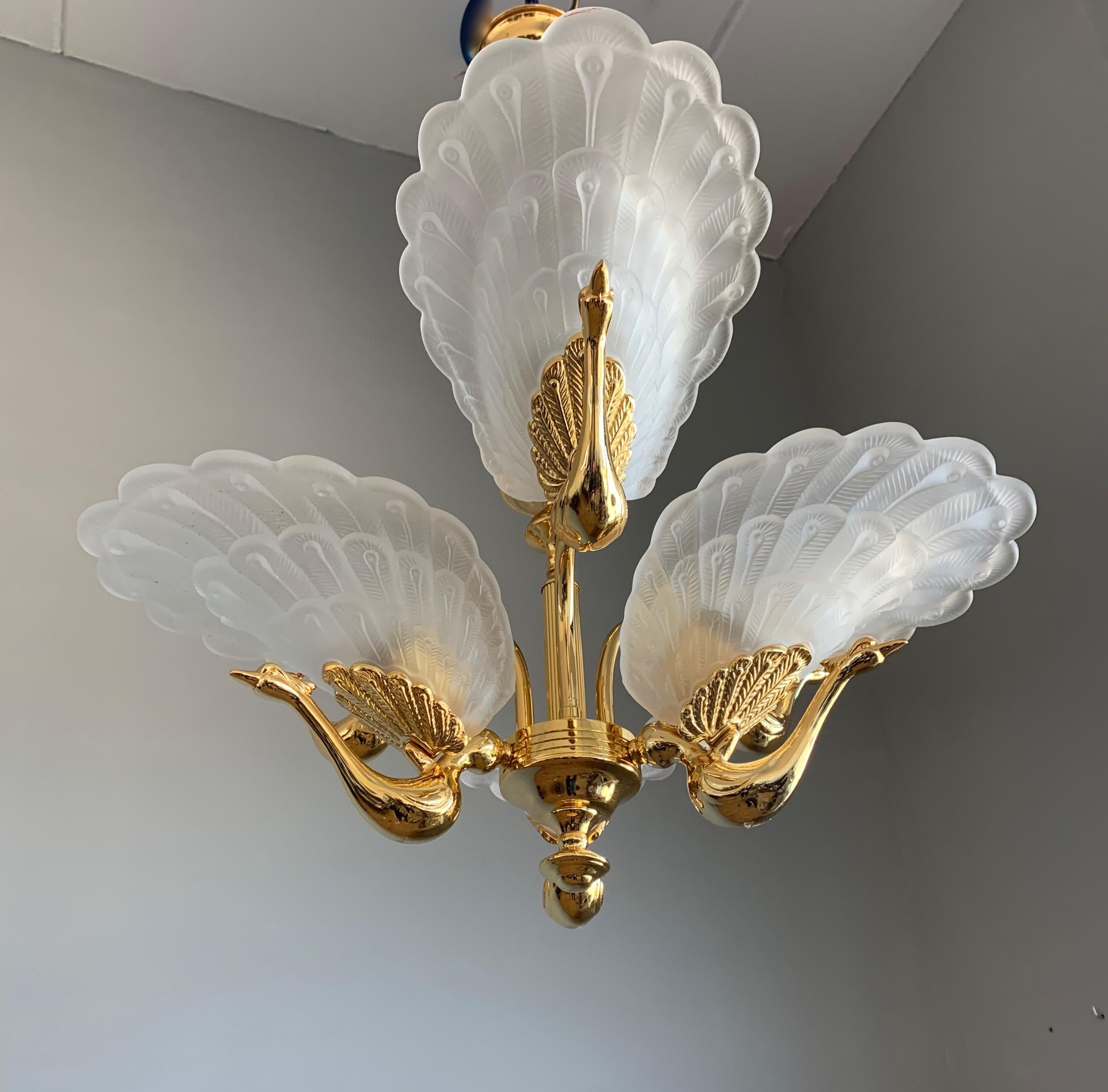 20th Century Rare Midcentury Chandelier / Pendant w. Golden Bronze & Glass Peacock Sculptures