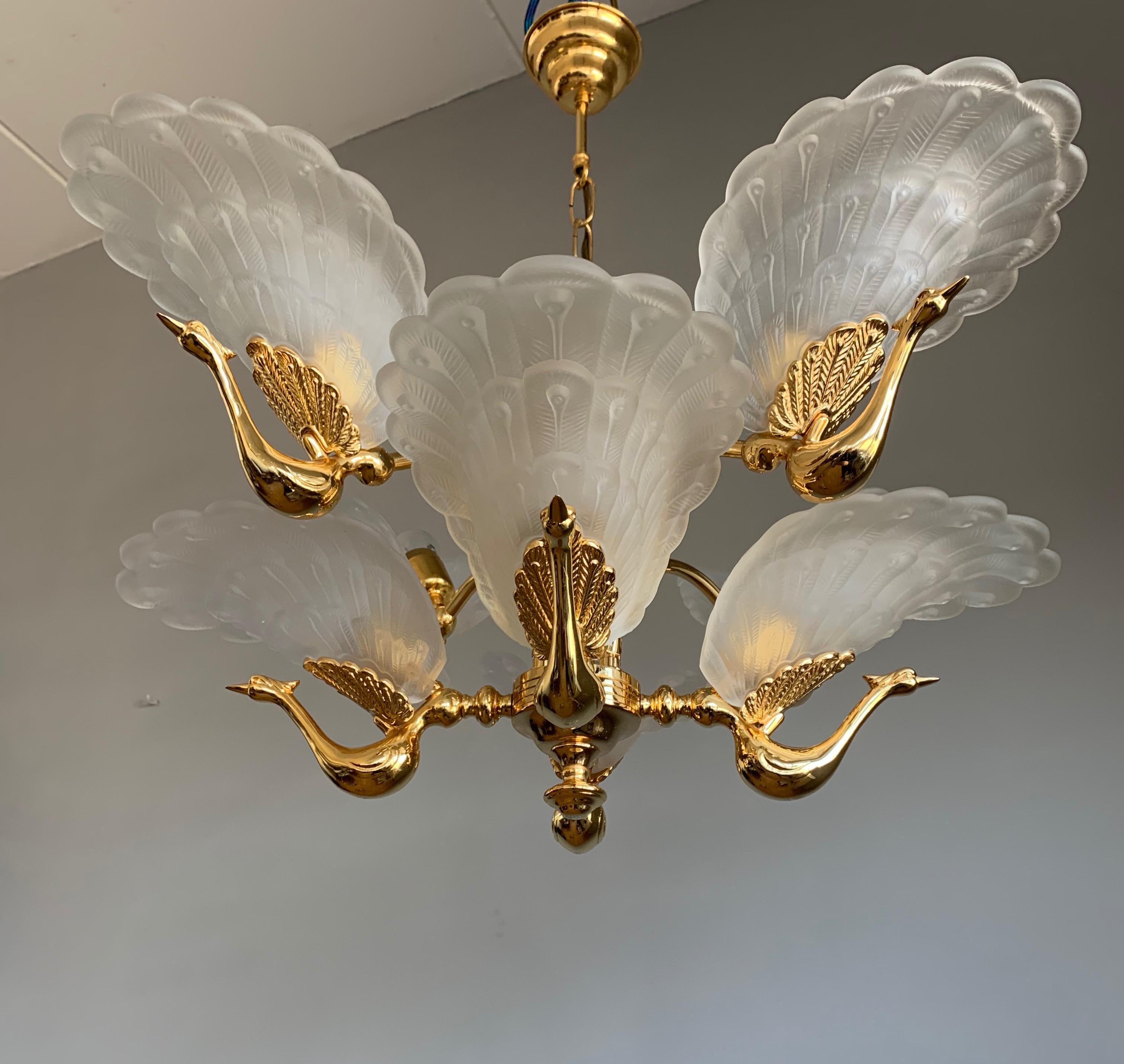 Rare Midcentury Chandelier / Pendant w. Golden Bronze & Glass Peacock Sculptures 1