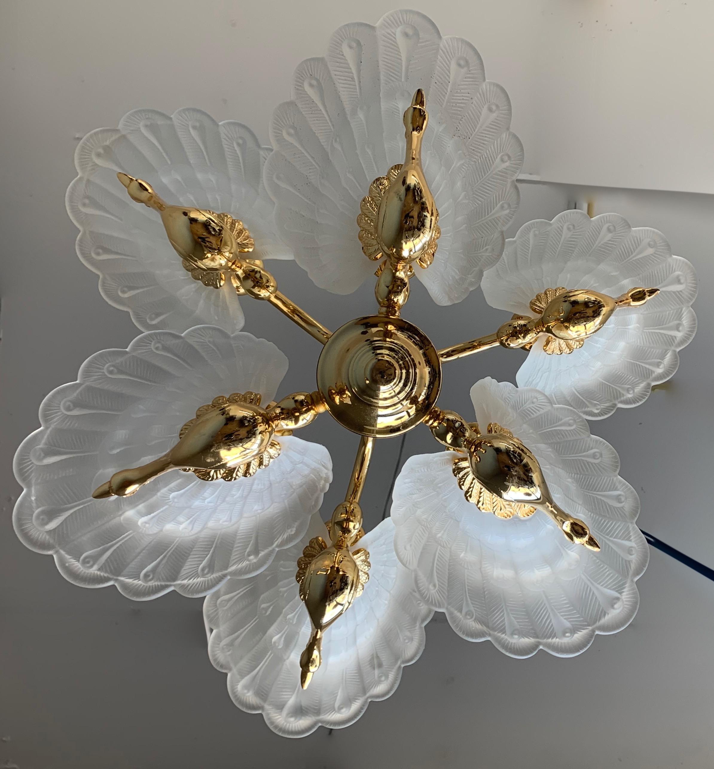 Rare Midcentury Chandelier / Pendant w. Golden Bronze & Glass Peacock Sculptures 1