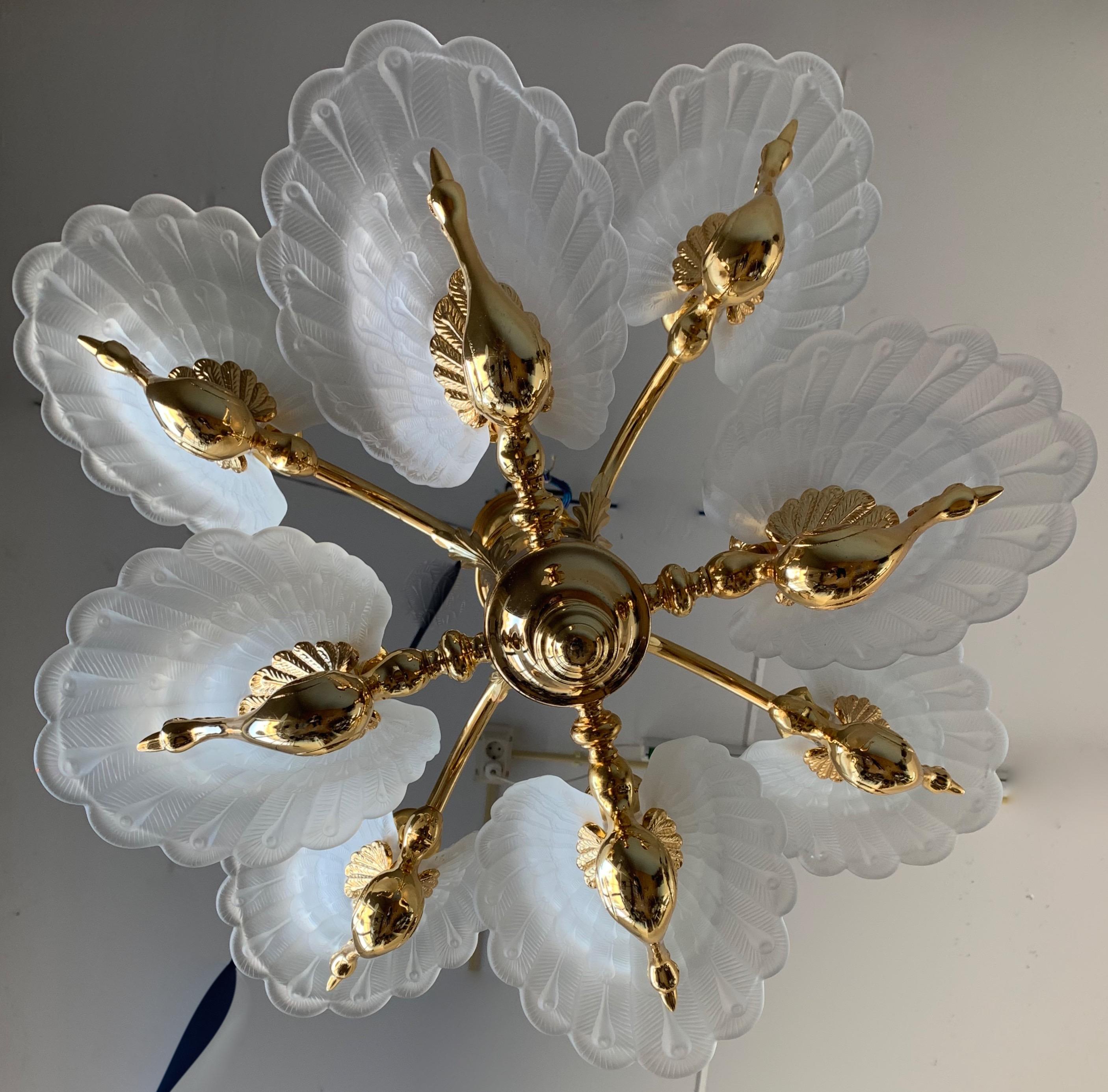 Rare Midcentury Chandelier / Pendant w. Golden Bronze & Glass Peacock Sculptures 2