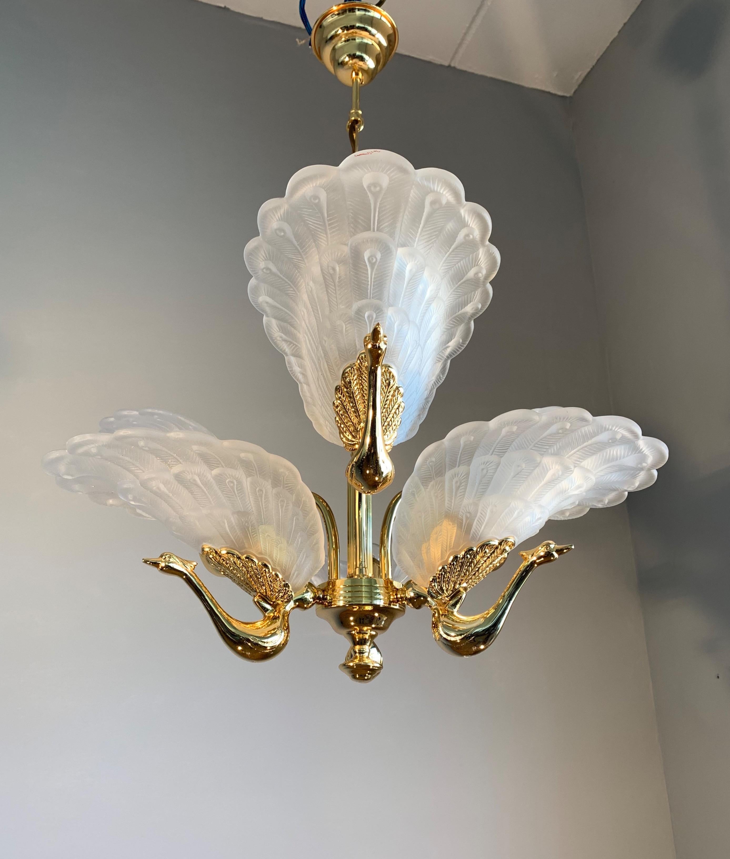 Rare Midcentury Chandelier / Pendant w. Golden Bronze & Glass Peacock Sculptures 3