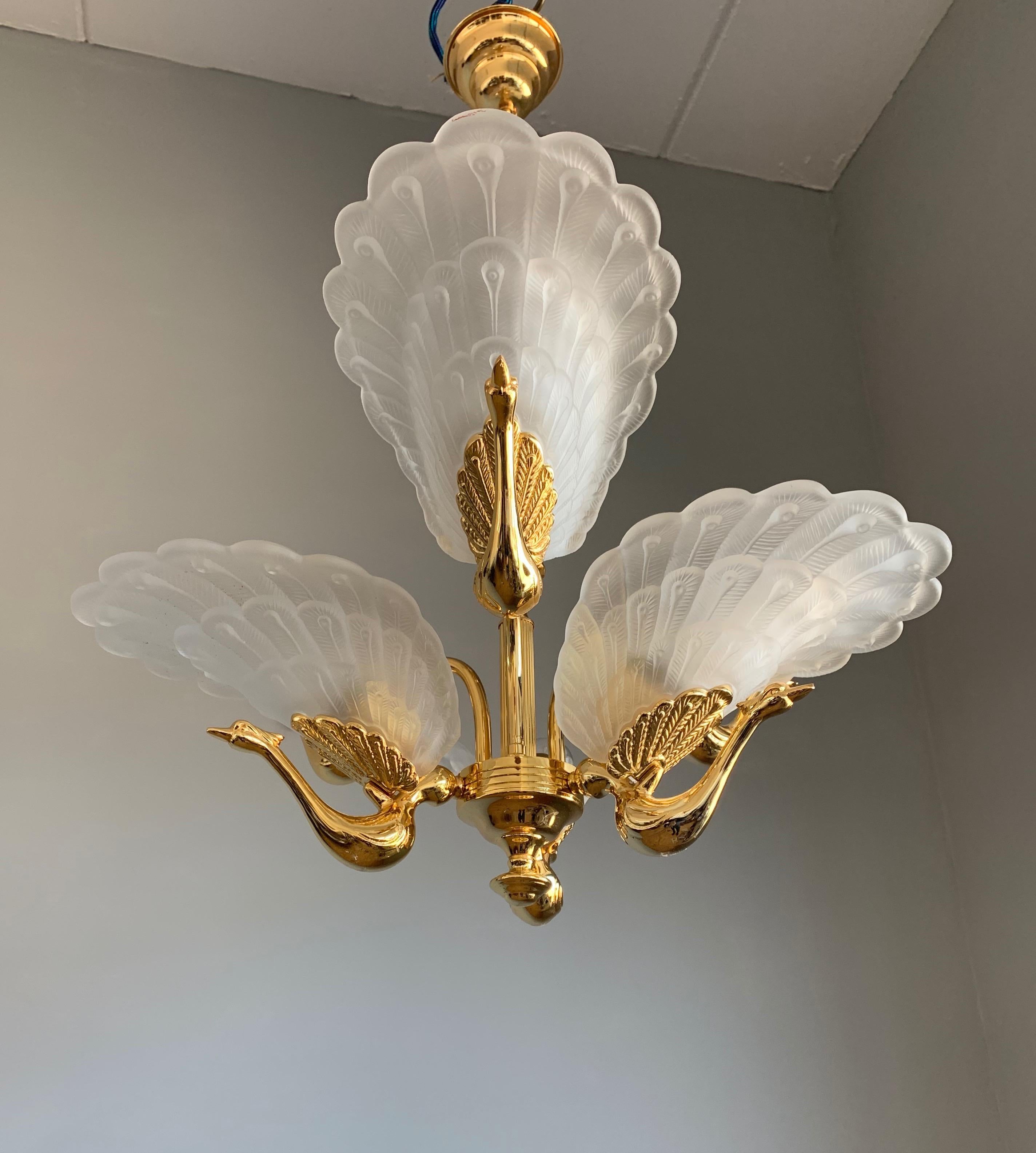 Rare Midcentury Chandelier / Pendant w. Golden Bronze & Glass Peacock Sculptures 4