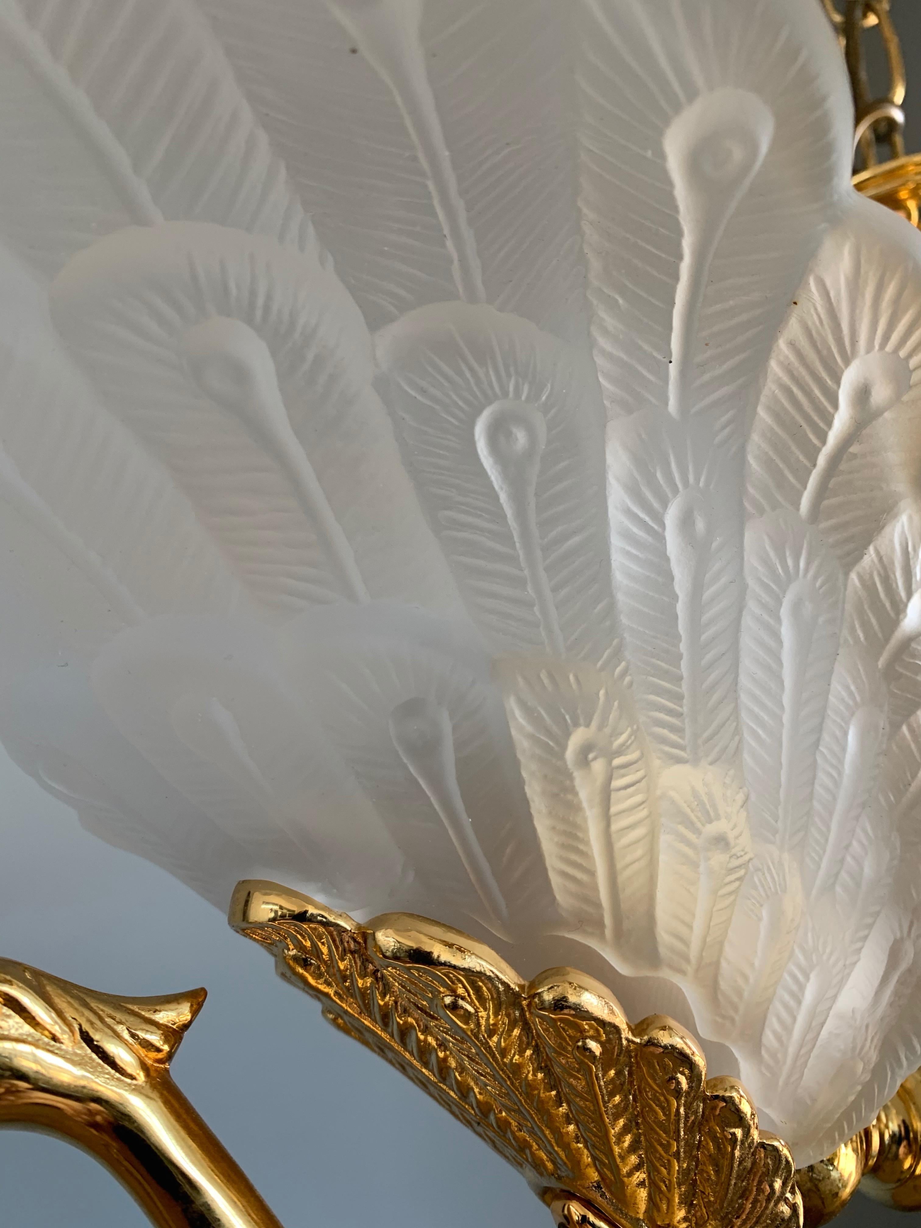 Rare Midcentury Chandelier / Pendant w. Golden Bronze & Glass Peacock Sculptures 5