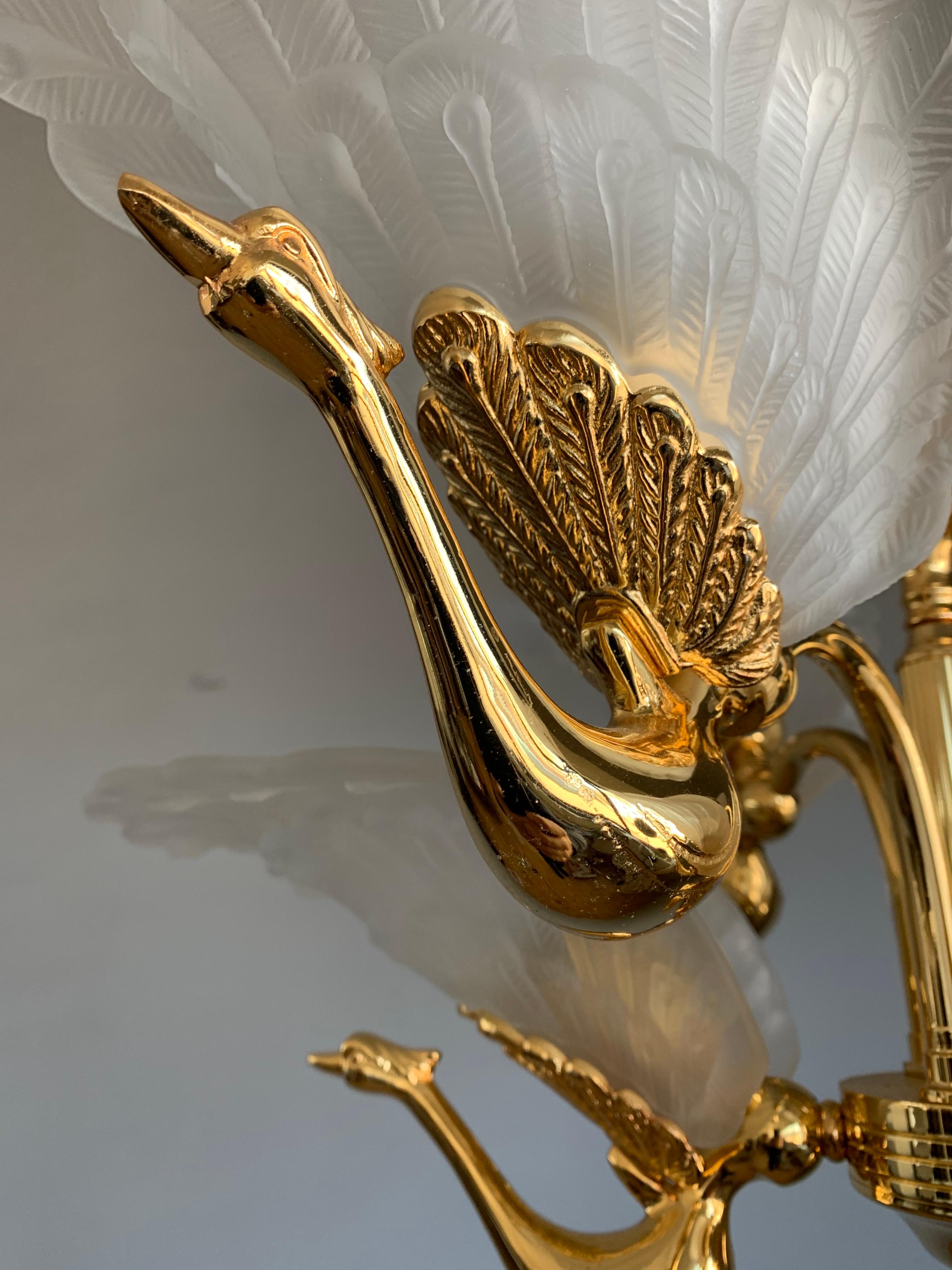 Rare Midcentury Chandelier / Pendant w. Golden Bronze & Glass Peacock Sculptures 7