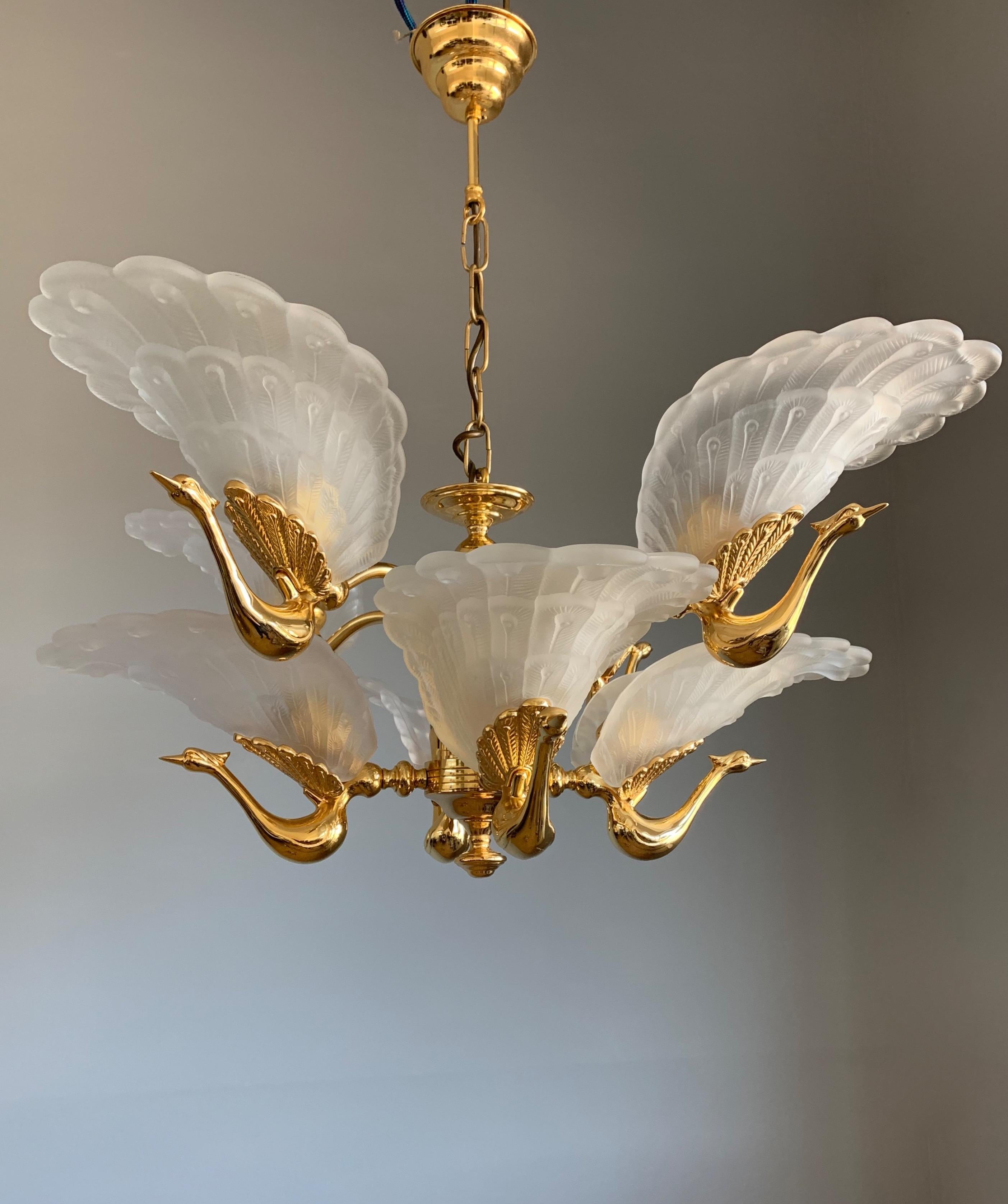 Rare Midcentury Chandelier / Pendant w. Golden Bronze & Glass Peacock Sculptures 8