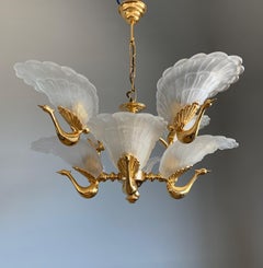 Rare Midcentury Chandelier / Pendant w. Golden Bronze & Glass Peacock Sculptures