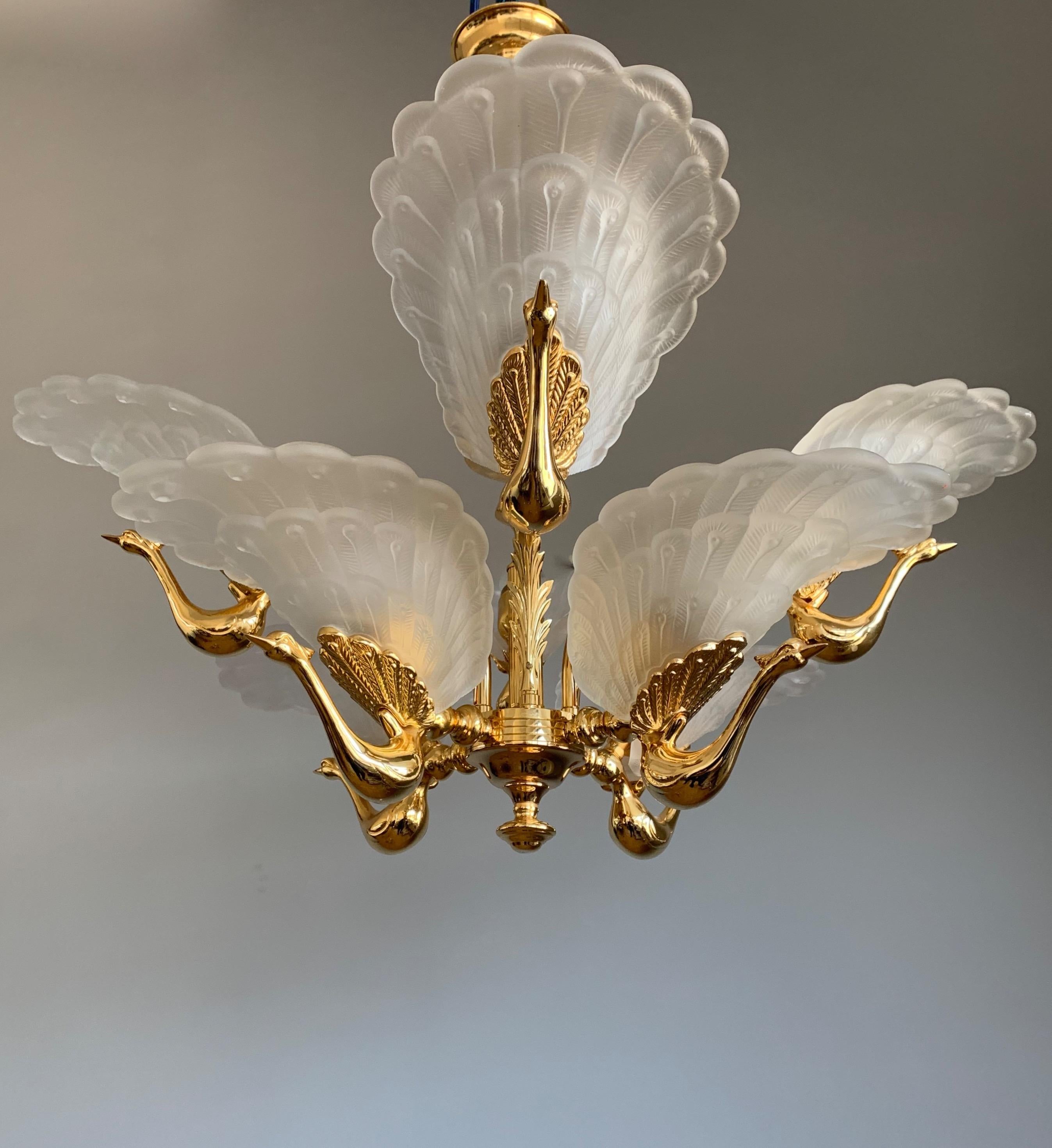 Rare Midcentury Chandelier / Pendant w. Golden Bronze & Glass Peacock Sculptures 10