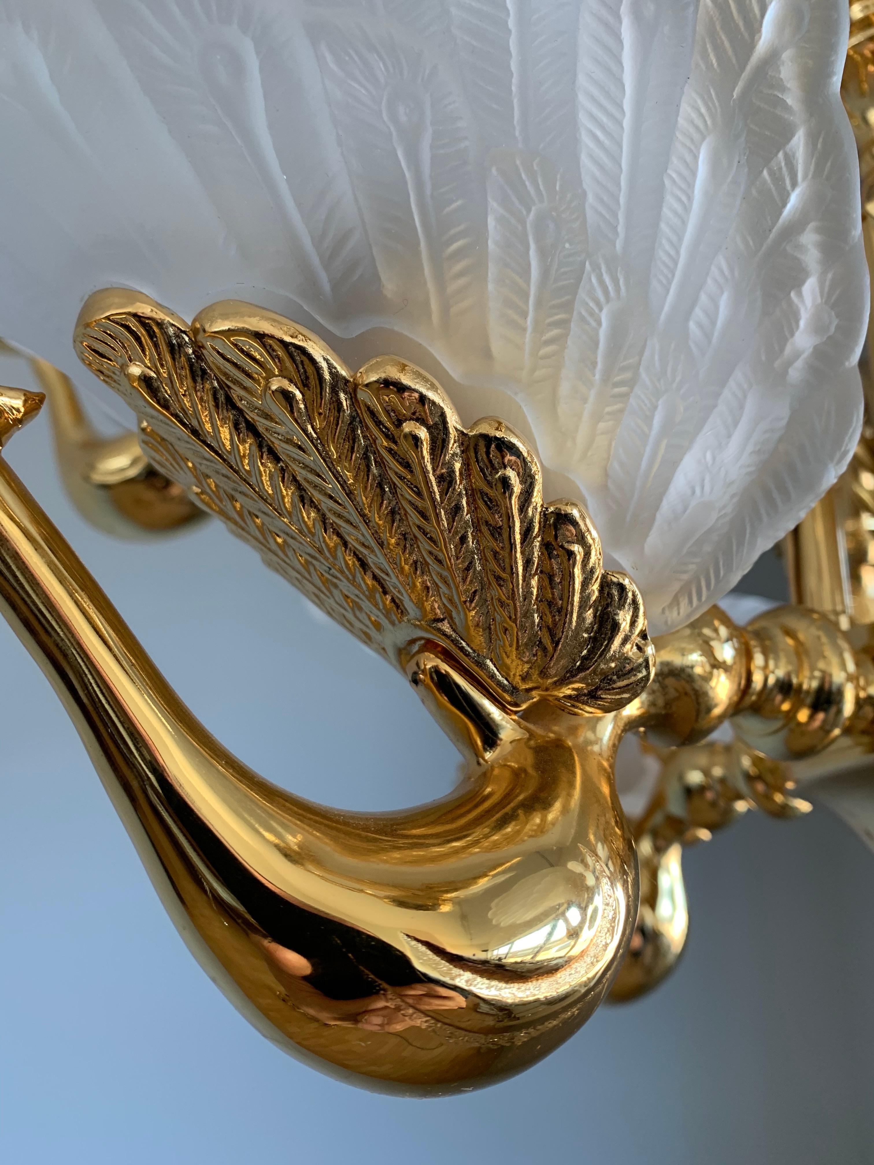 Art Deco Rare Midcentury Chandelier / Pendant w. Golden Bronze & Glass Peacock Sculptures