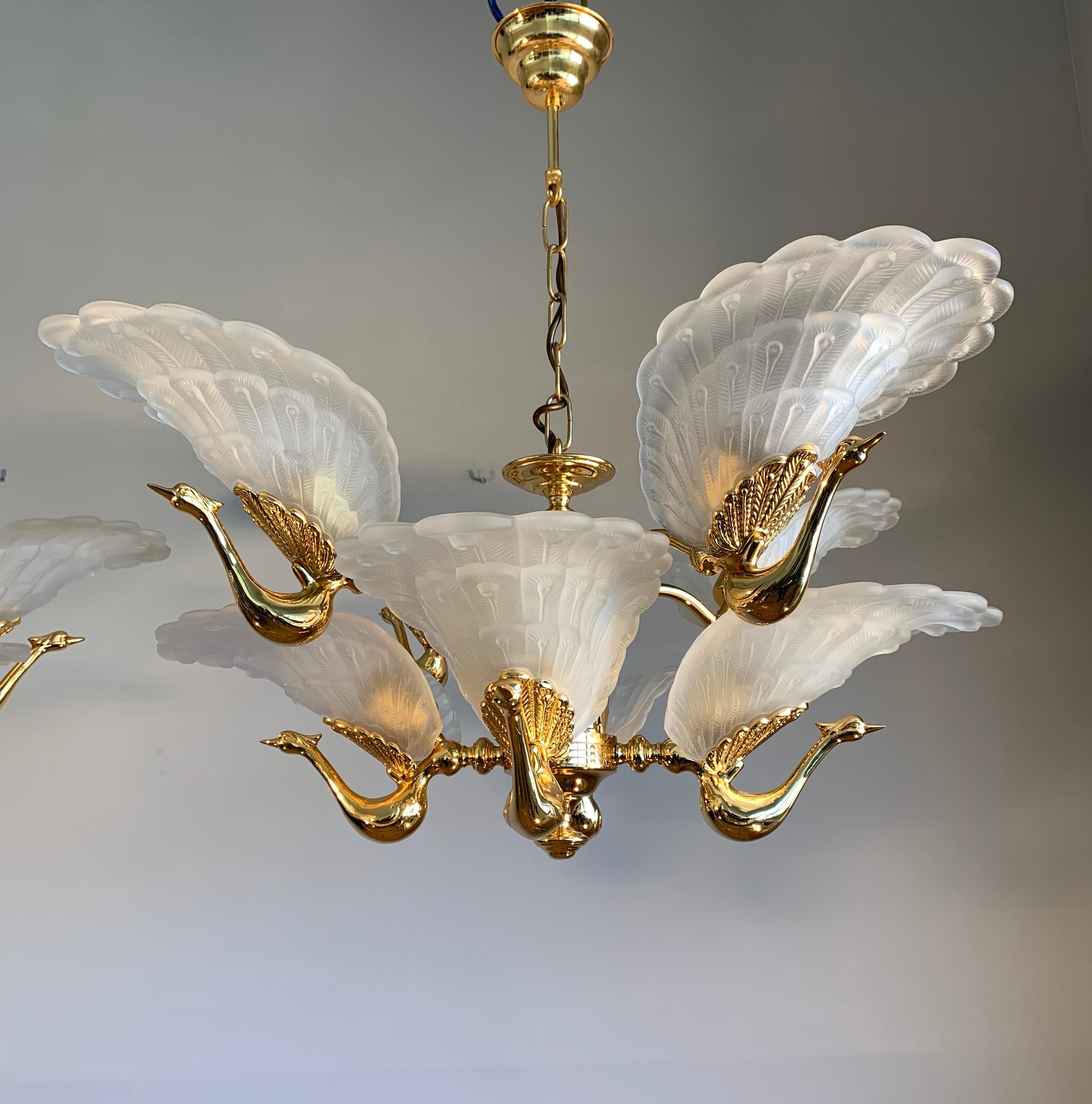 Gilt Rare Midcentury Chandelier / Pendant w. Golden Bronze & Glass Peacock Sculptures