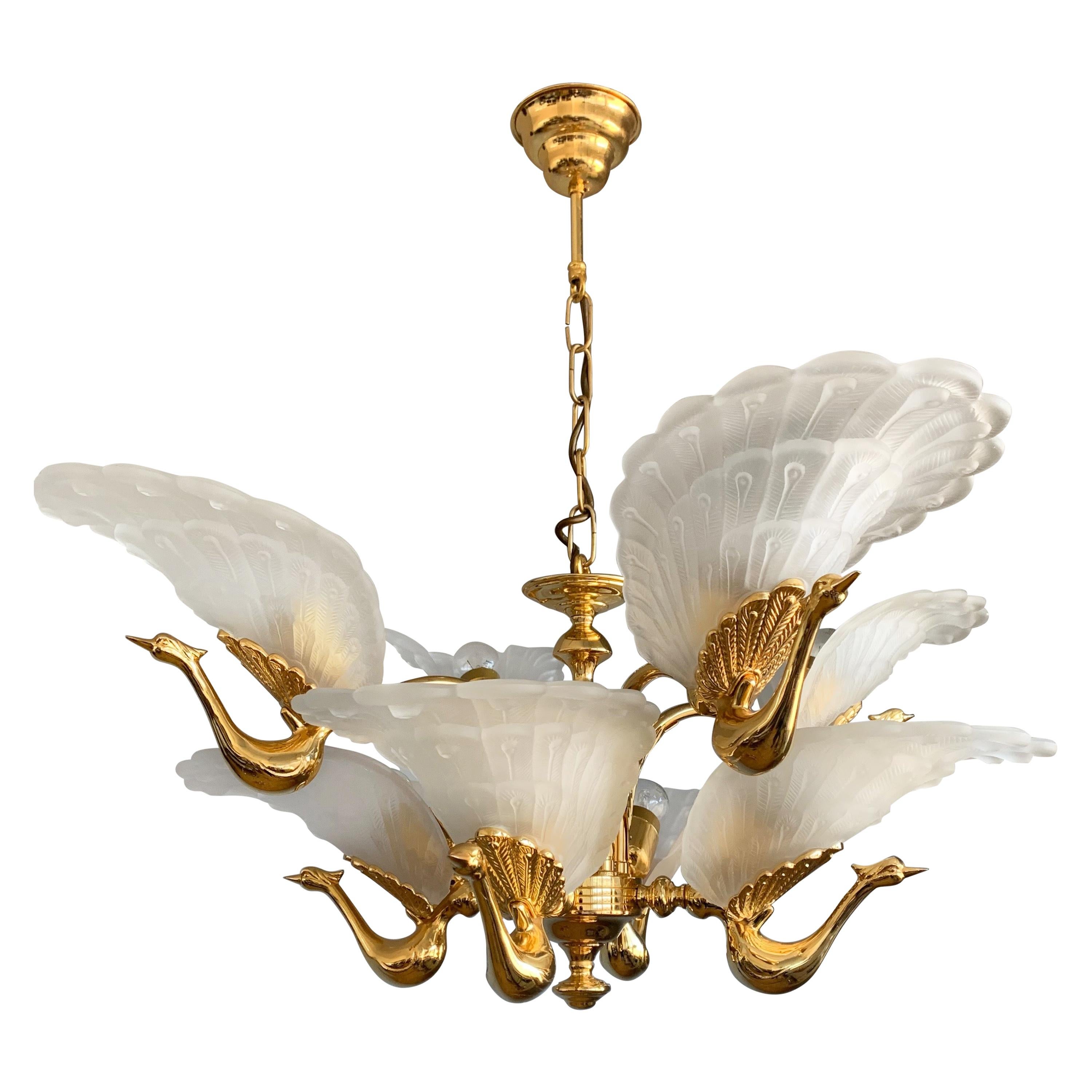 Rare Midcentury Chandelier / Pendant w. Golden Bronze & Glass Peacock Sculptures
