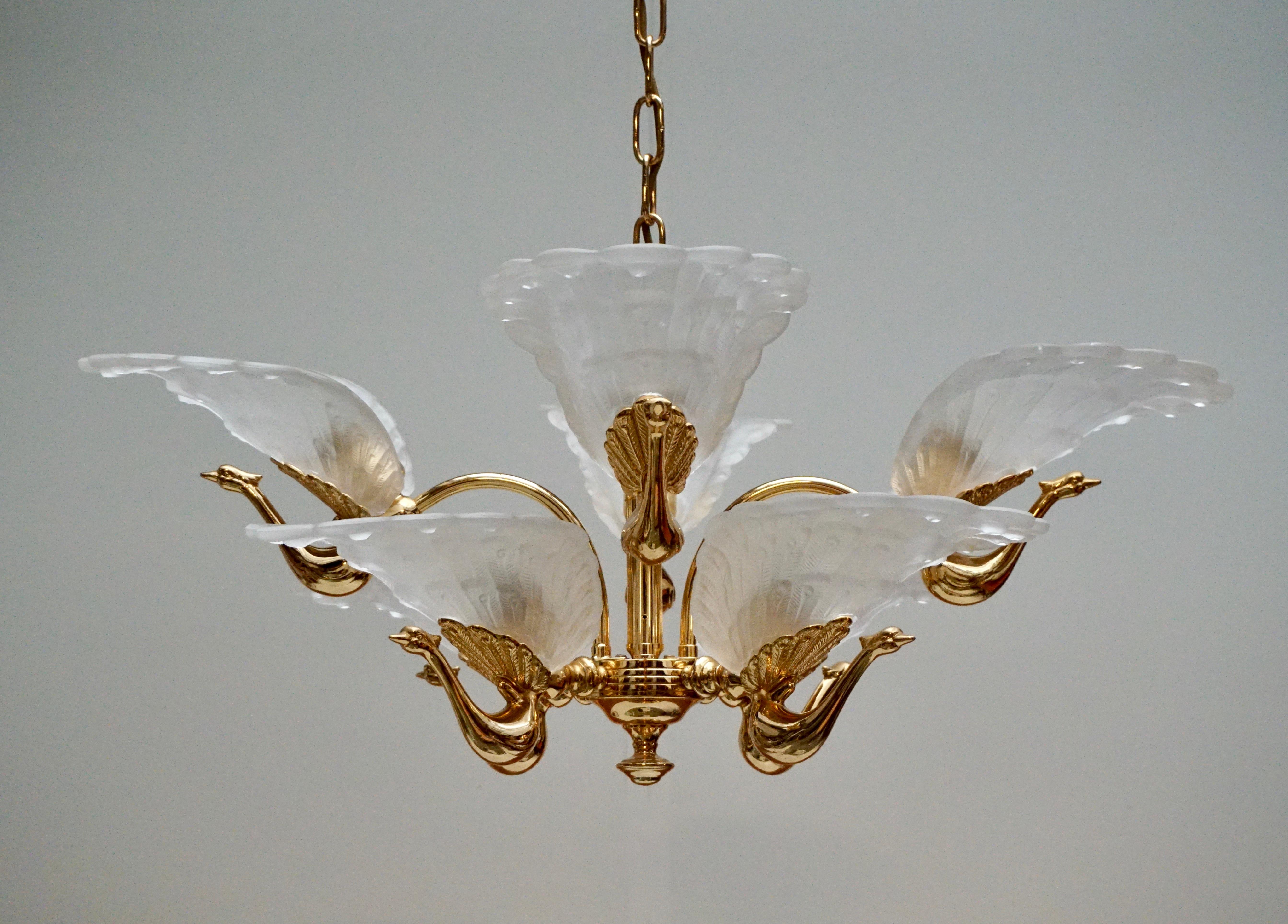 Rare Midcentury Chandelier / Pendant with Golden Bronze Glass Peacock Sculptures 1